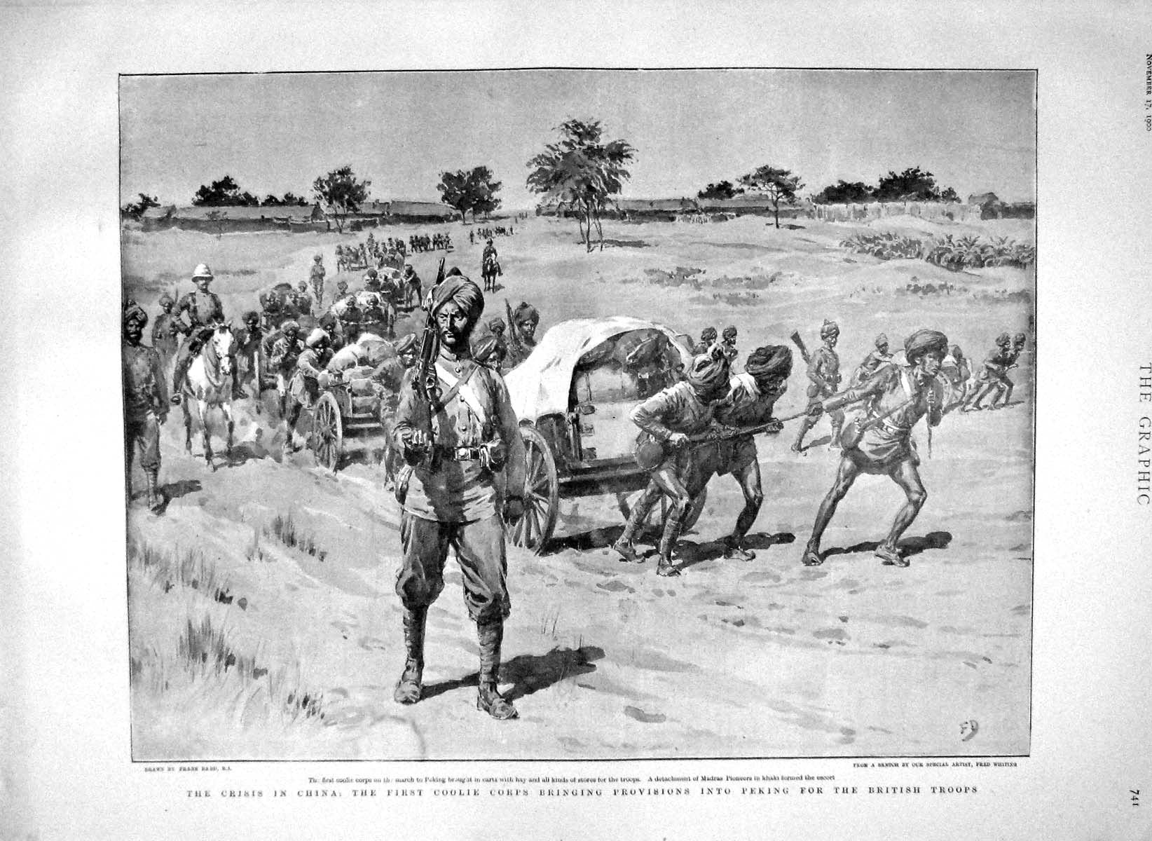 Original Old Antique Print 1900 China Coolie Food Carts Peking War Redvers 20th