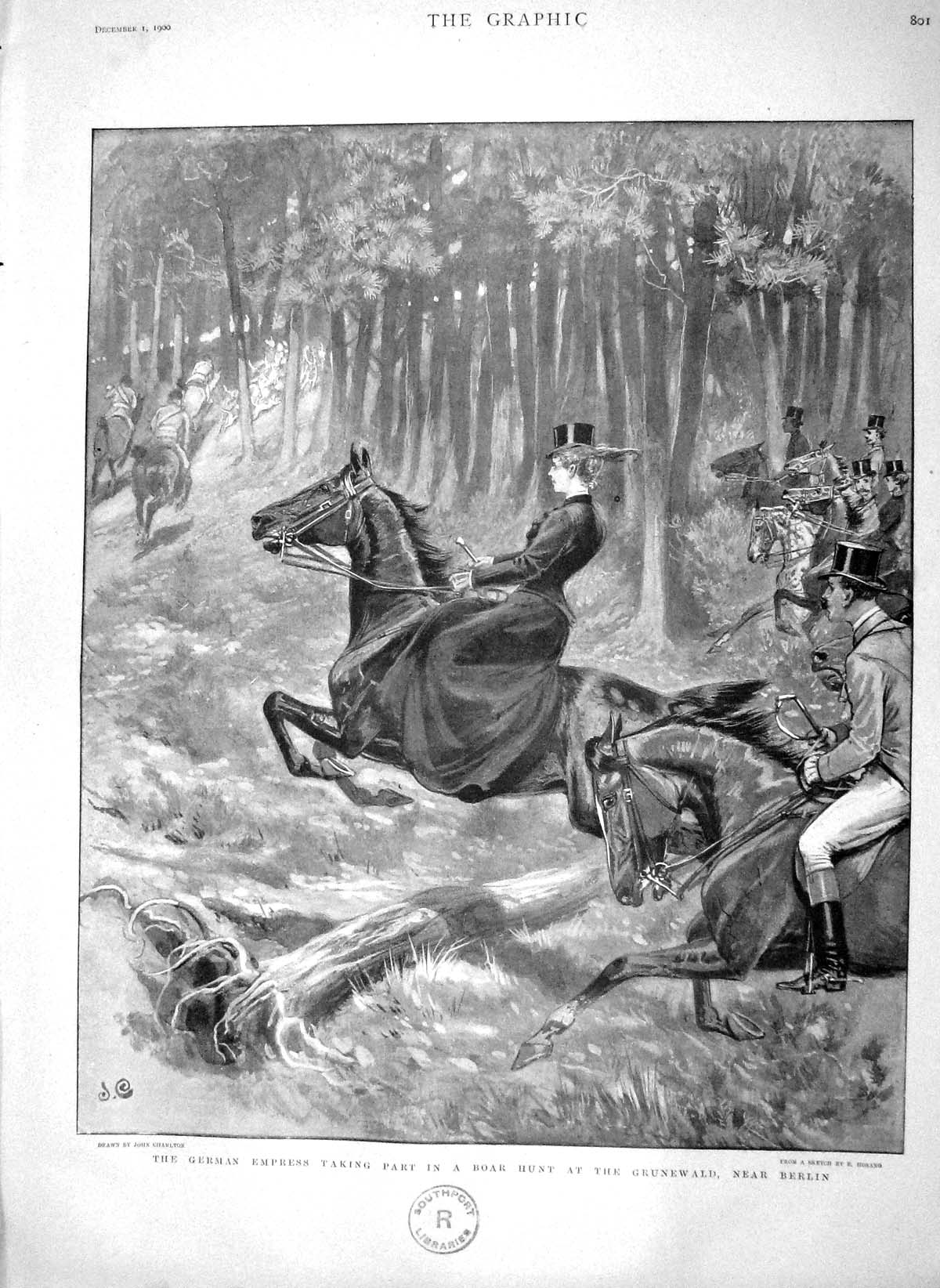 Old Antique Print 1900 German Empress Boar Grunewald Germany Train France 20th