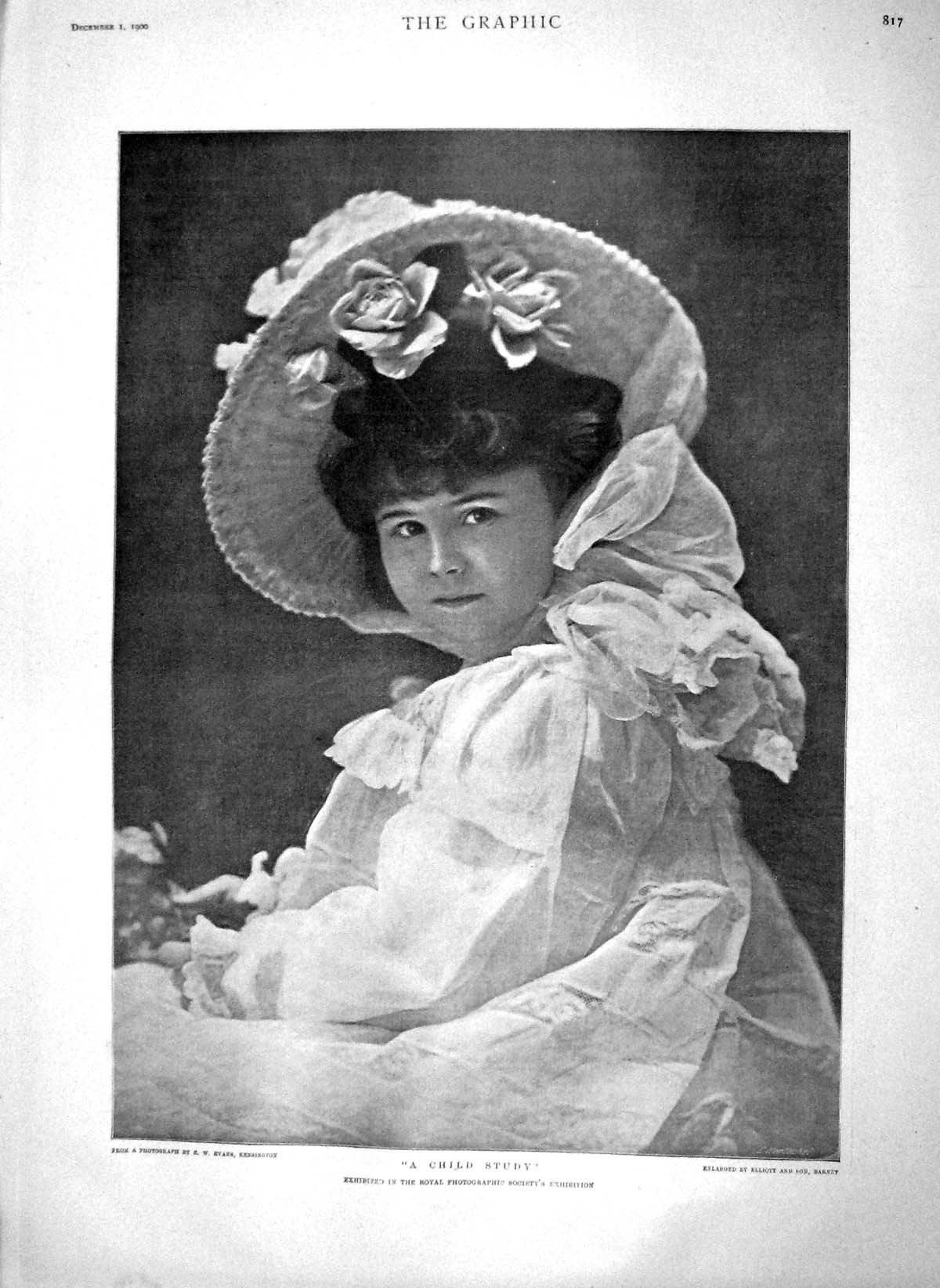 Original Old Antique Print 1900 Portrait Beautiful Young Child Study Evans 20th