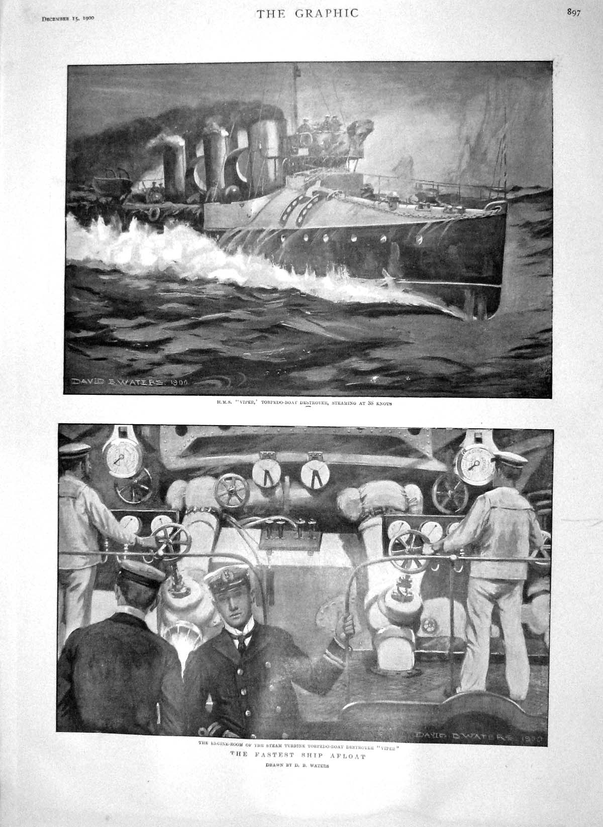 Original Old Antique Print 1900 War Ship Viper Torpedo Boat Tiber Floods Rome
