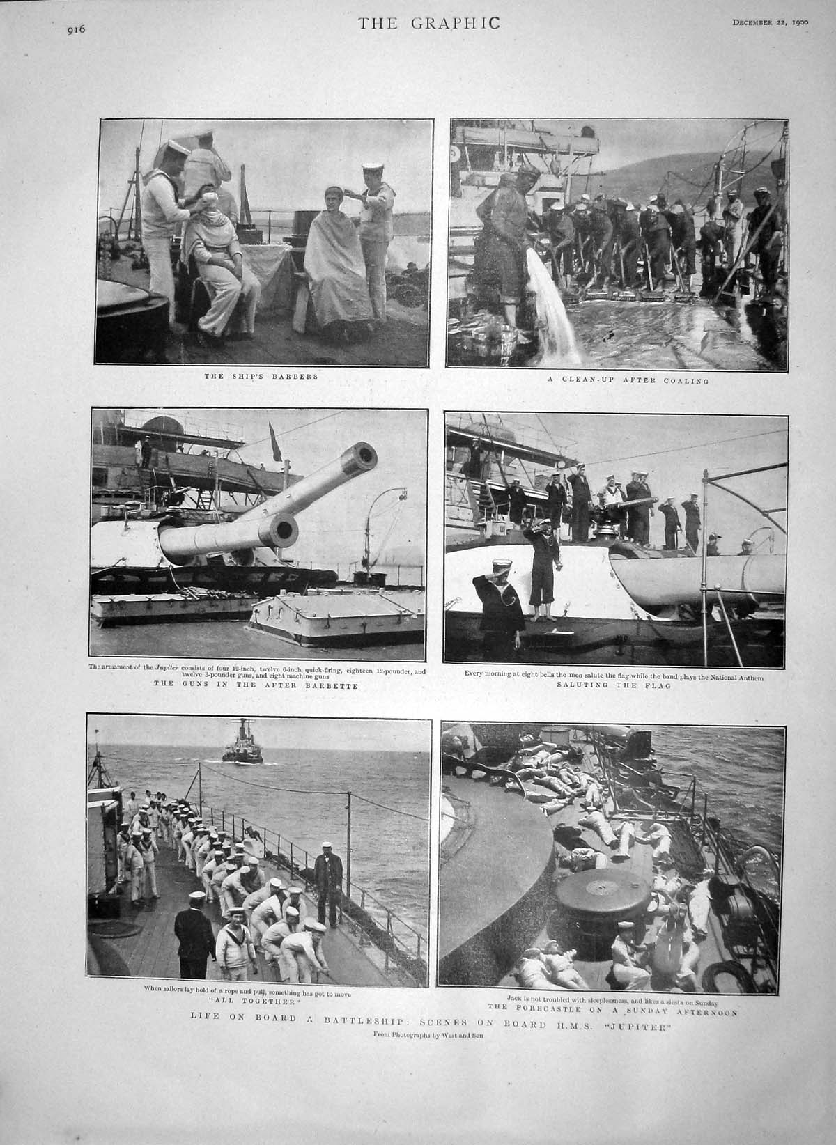 Original Old Antique Print 1900 Battle War Ship Jupiter Barbers Guns Navy 20th