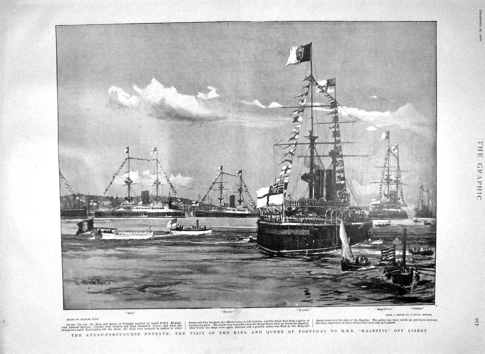 Old Antique Print 1900 King Portugal Ships Mars Majestic Repulse Diadem 20th