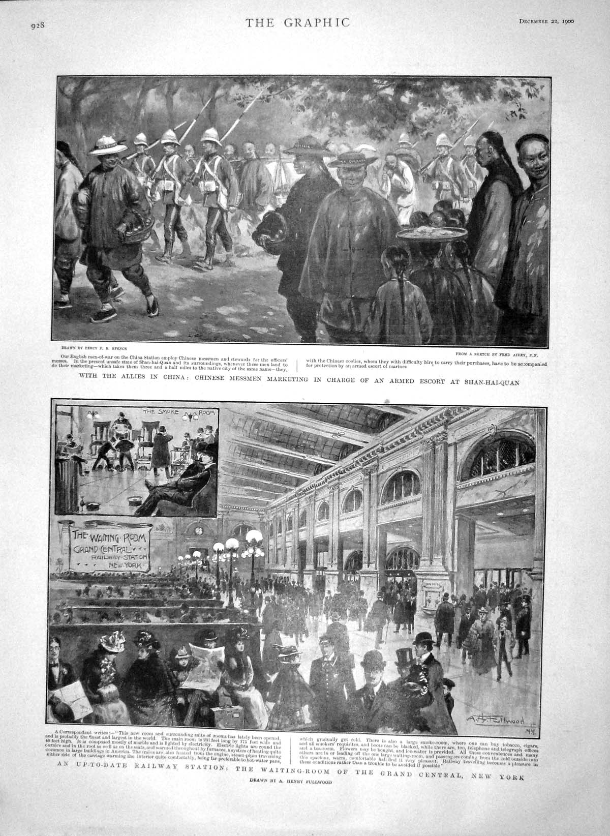 Original Old Antique Print 1900 Railway Station Central New York Shan-Hai-Quan
