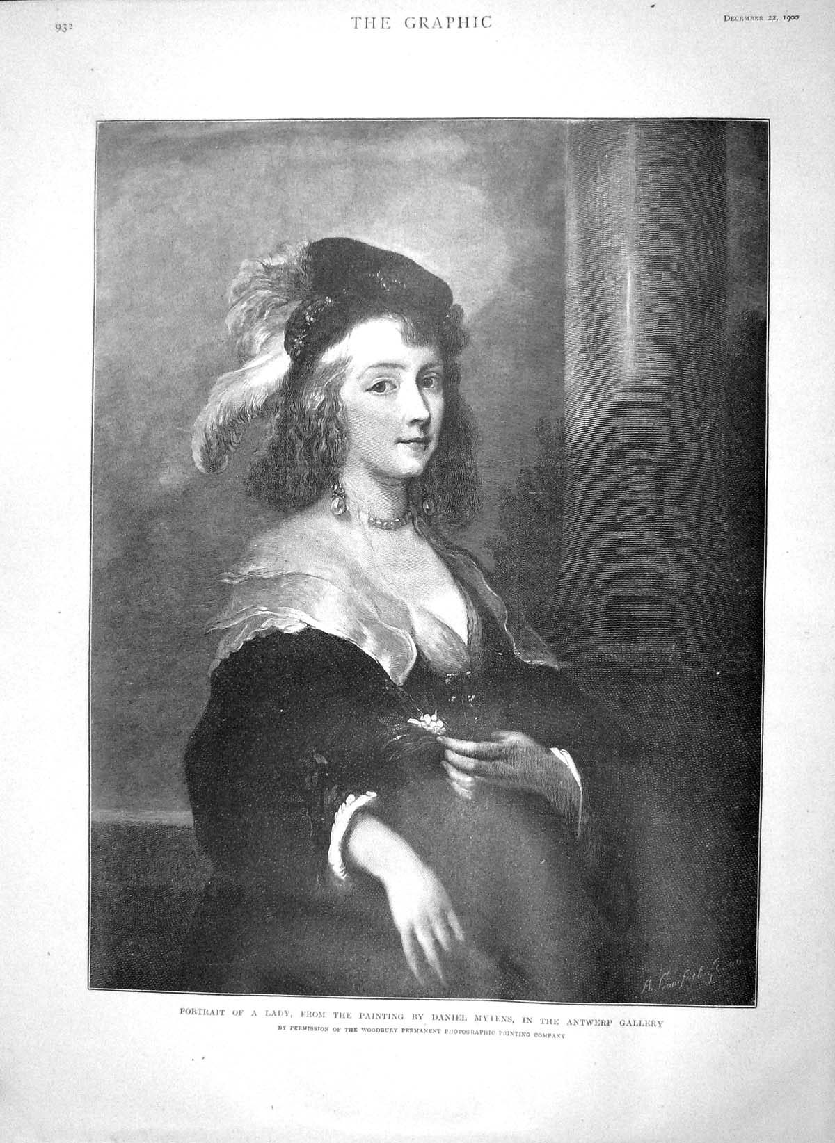 Original Old Antique Print 1900 Portrait Beautiful Lady Daniel Myiens Antwerp