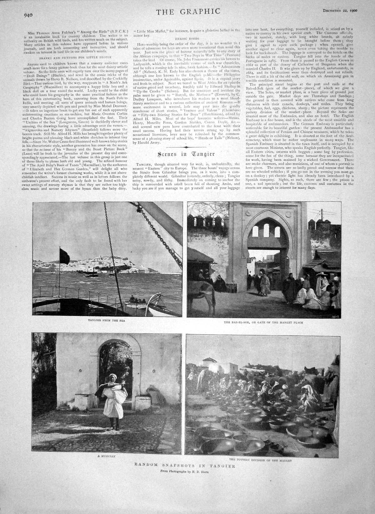 Old Antique Print 1900 Tangier Bab-El-Sok Market Place Musician Pottery 20th