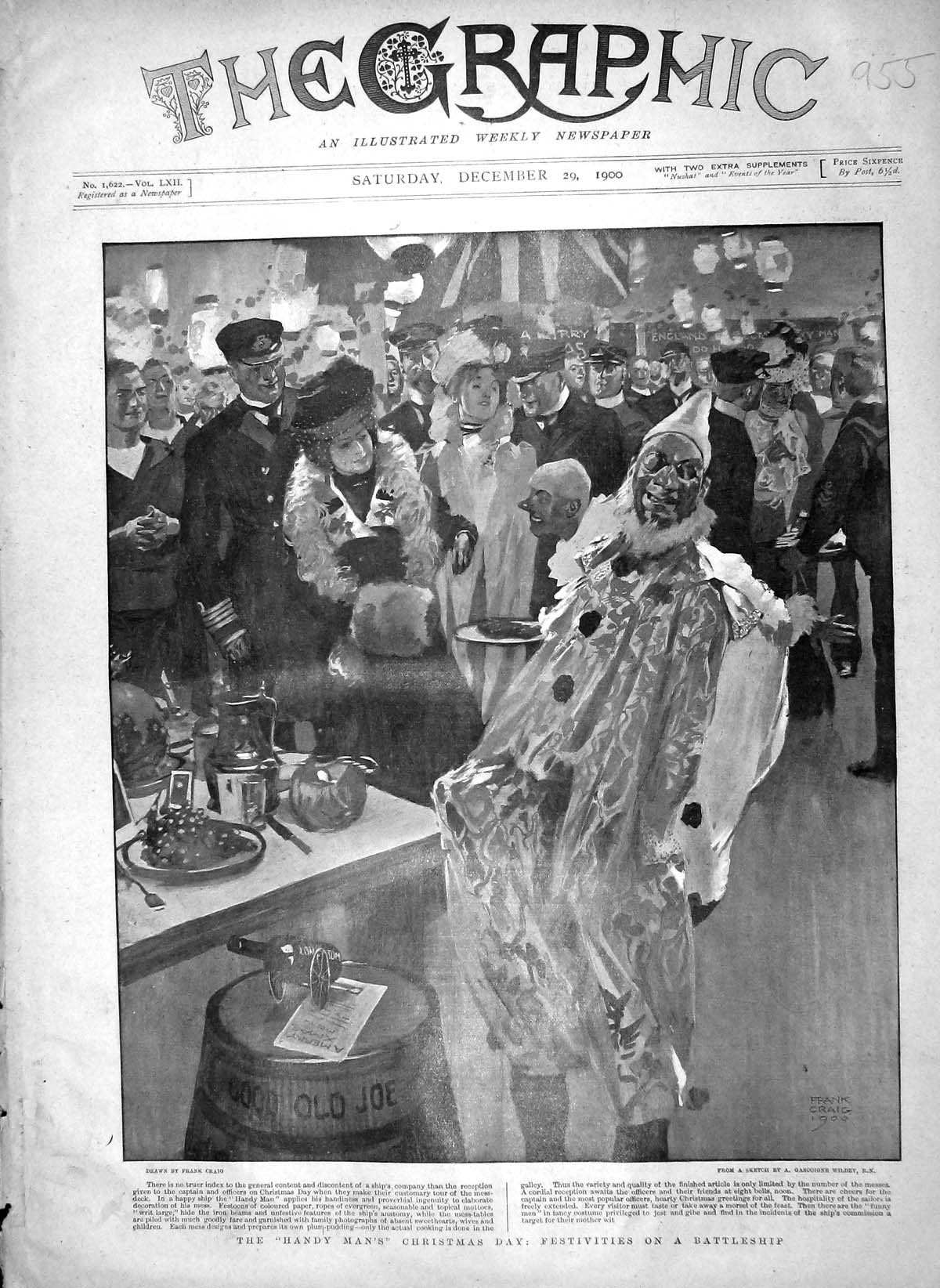 Old Antique Print 1900 Handy Man Christmas Festivities Battle Ship Clown 20th