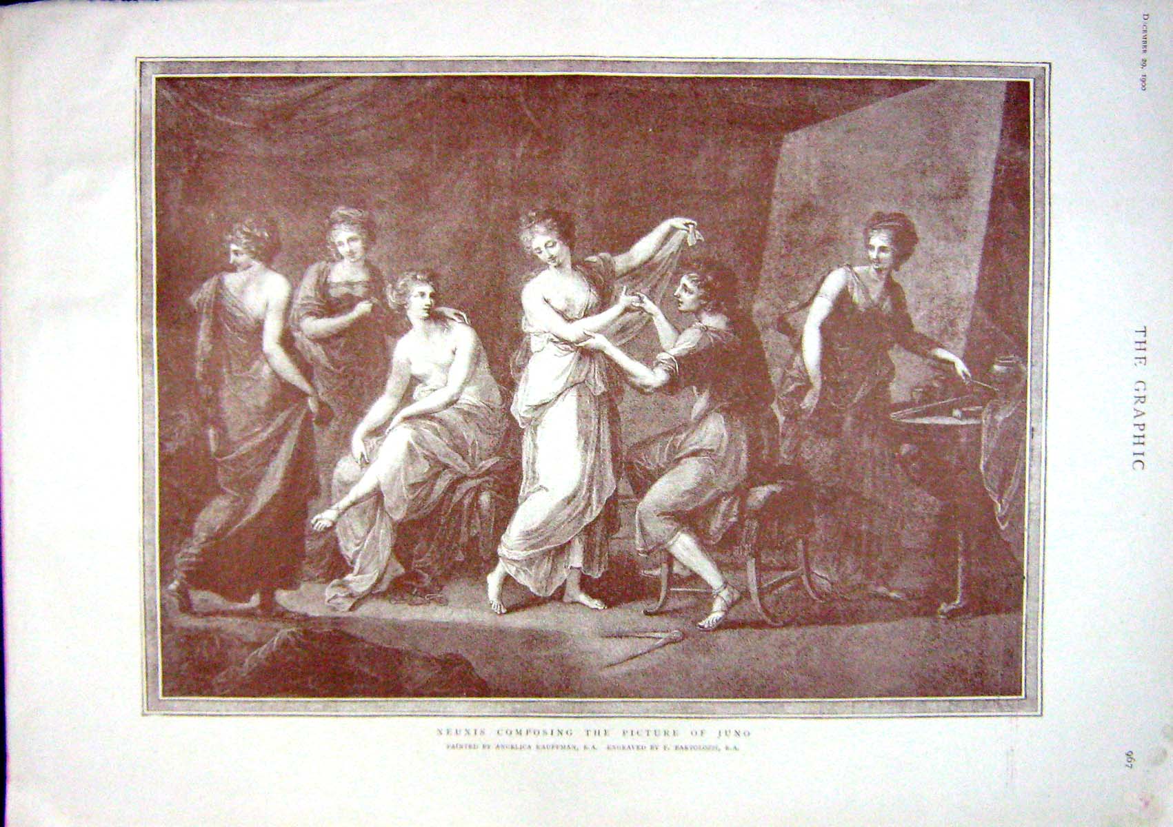 Original Old Antique Print 1900 Scene Xeuxis Composing Picture Juno Kauffman