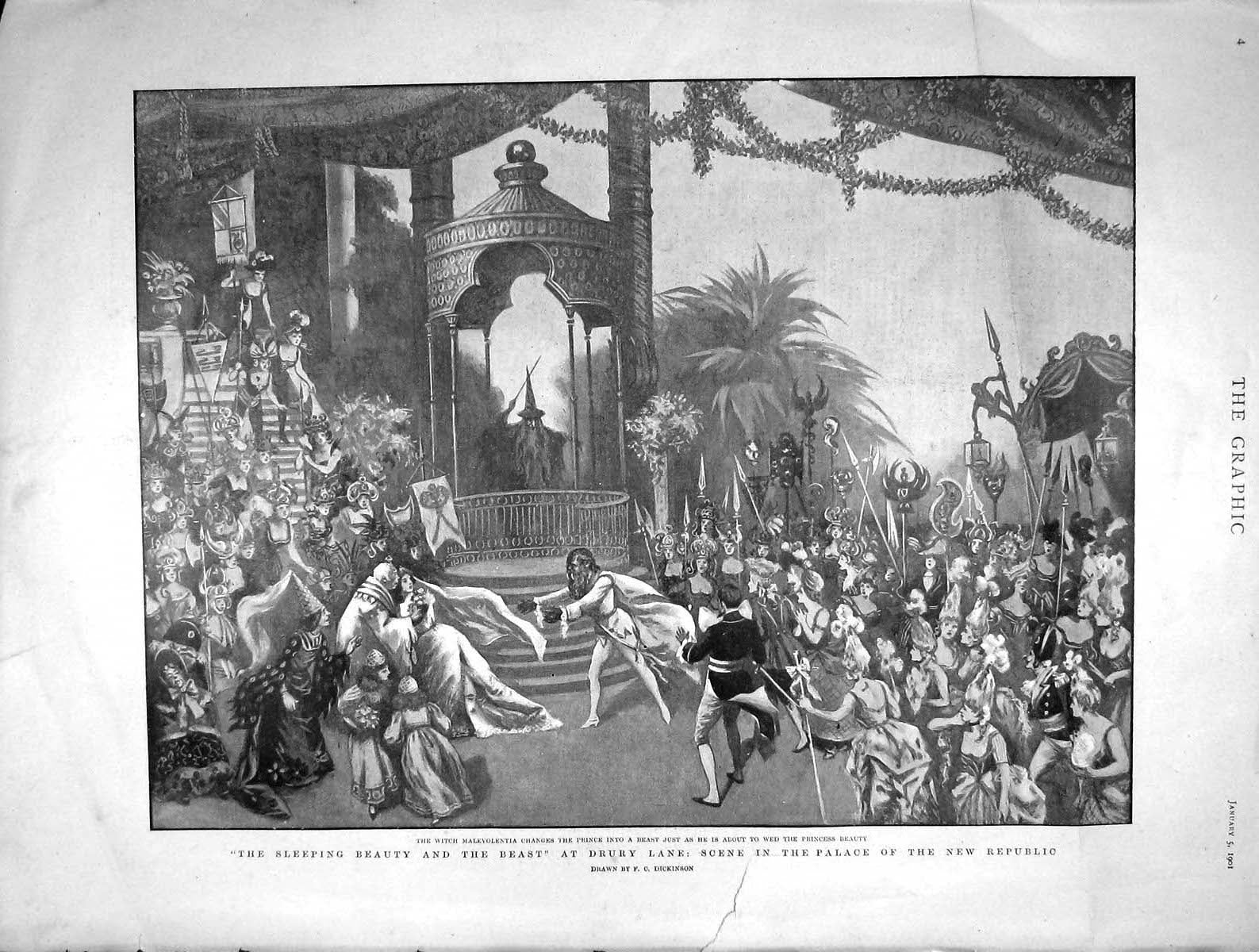 Original Old Antique Print 1901 Sleeping Beauty Beast Drury Lane Theatre Palace