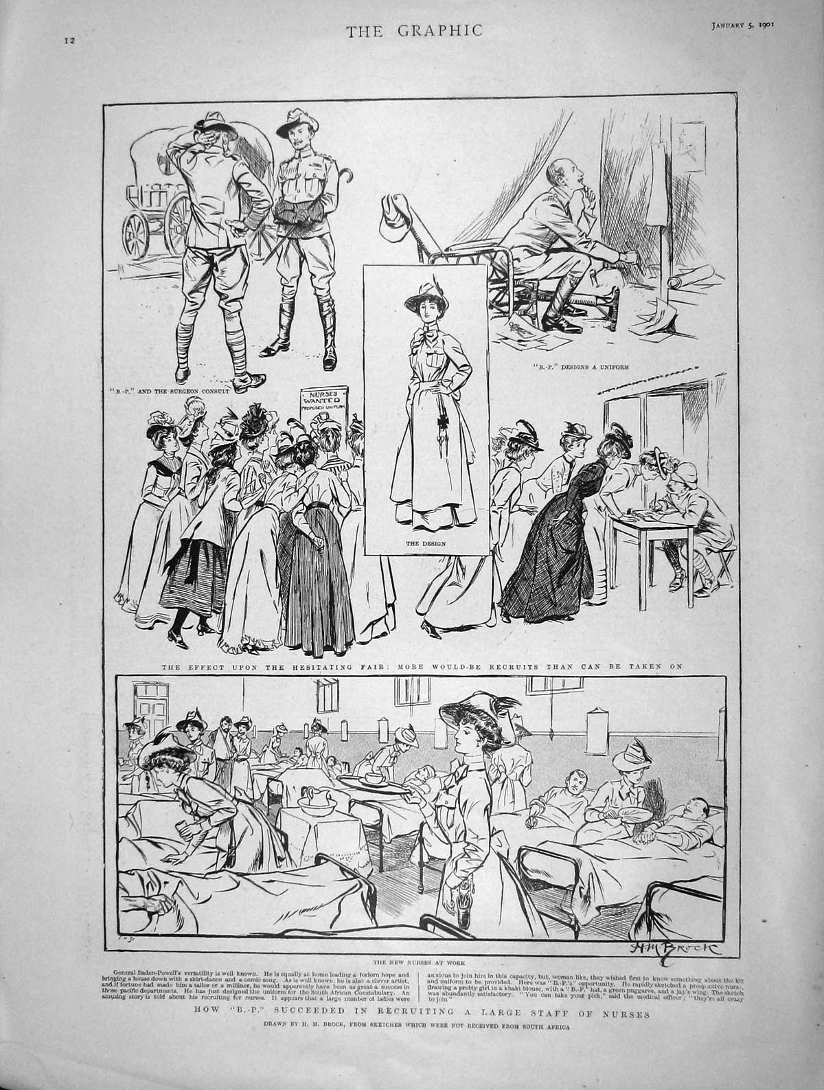 Original Old Antique Print 1901 Baden-Powell Hospital Nurses Theatre Camden 20th