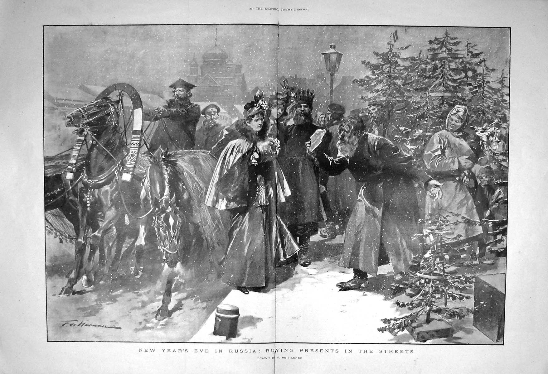 Antique Old Print 1901 New Year'S Eve Russia Street Scene Buying Presents 0 20th