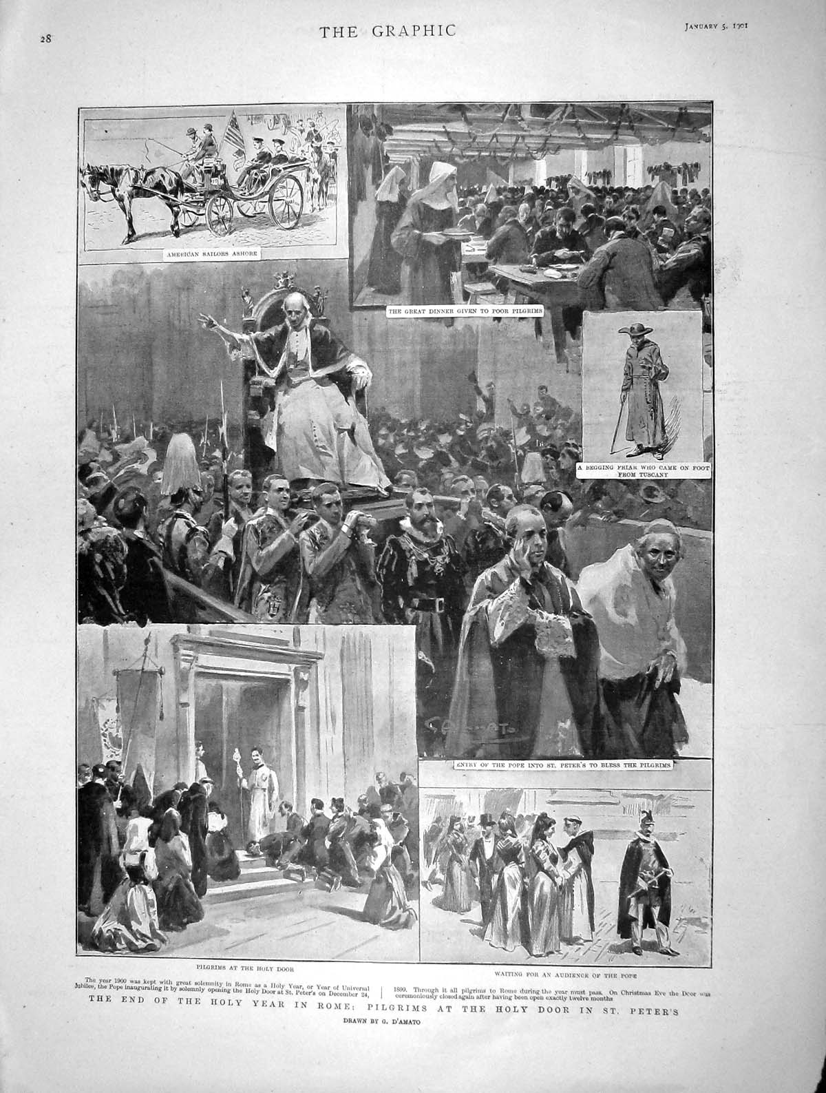 Original Old Antique Print 1901 Holy Year Rome Pilgrims St. Peters Pope Friar
