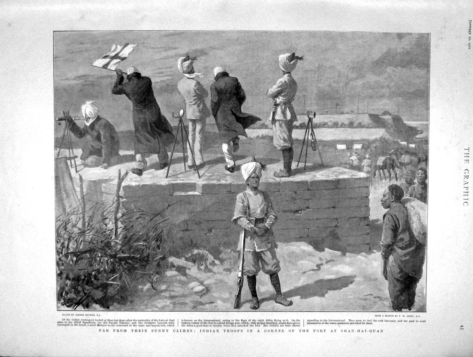 Original Old Antique Print 1901 Indian Siers Fort Shan-Hai-Quan Punjab Infantry