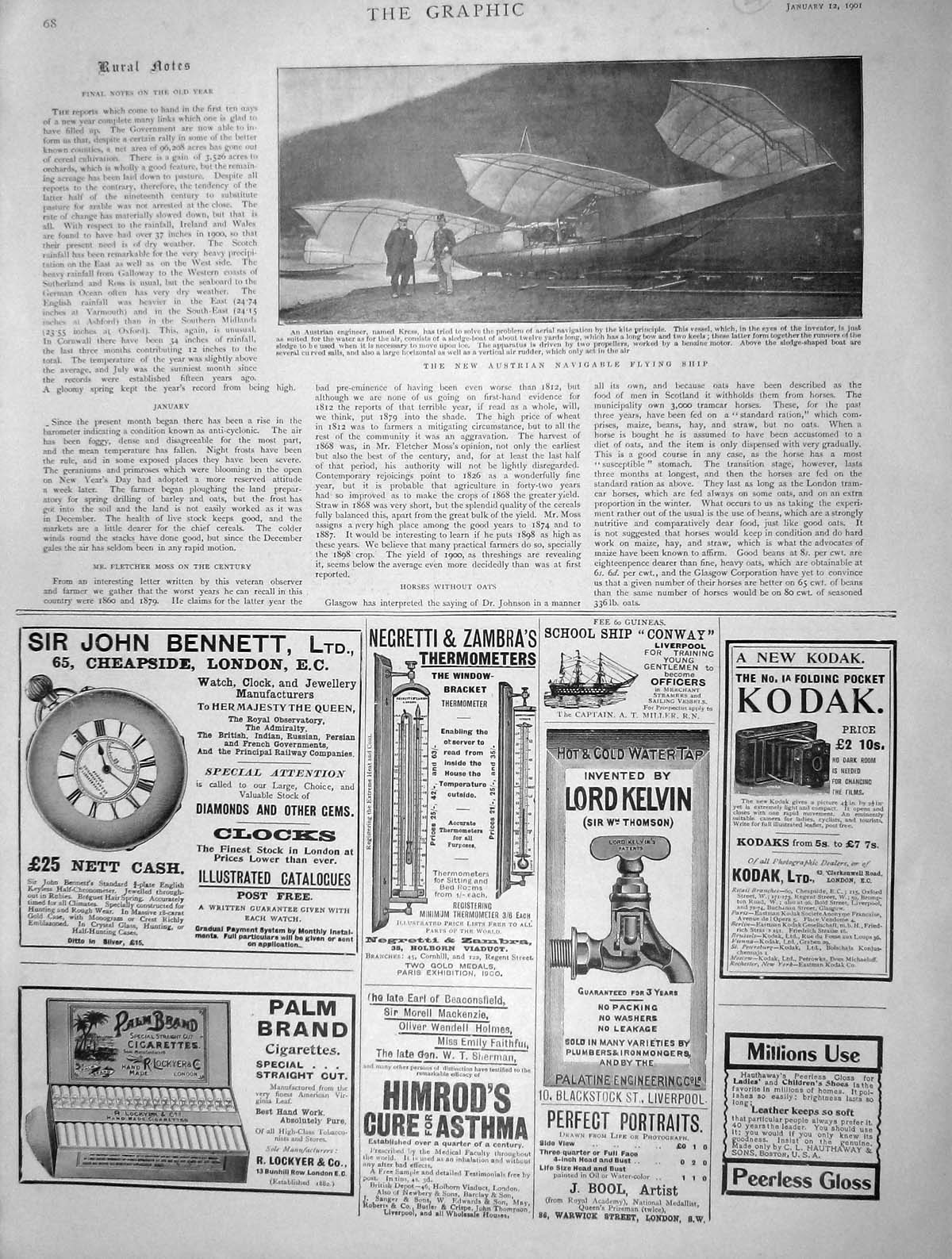 Old Antique Print 1901 Austrian Navigable Flying Ship Bennet Clocks Kodak 20th