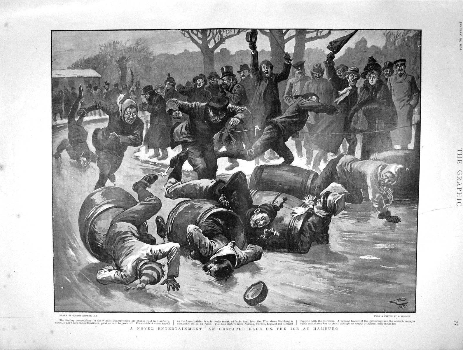 Original Old Antique Print 1901 Obstacle Race Ice Hamburg Skating Germany Sport