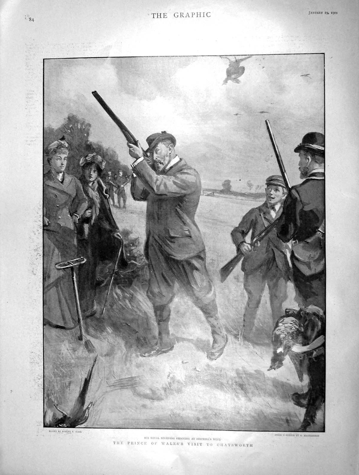 Original Old Antique Print 1901 Prince Wales Chatsworth Shooting Birchill Birds