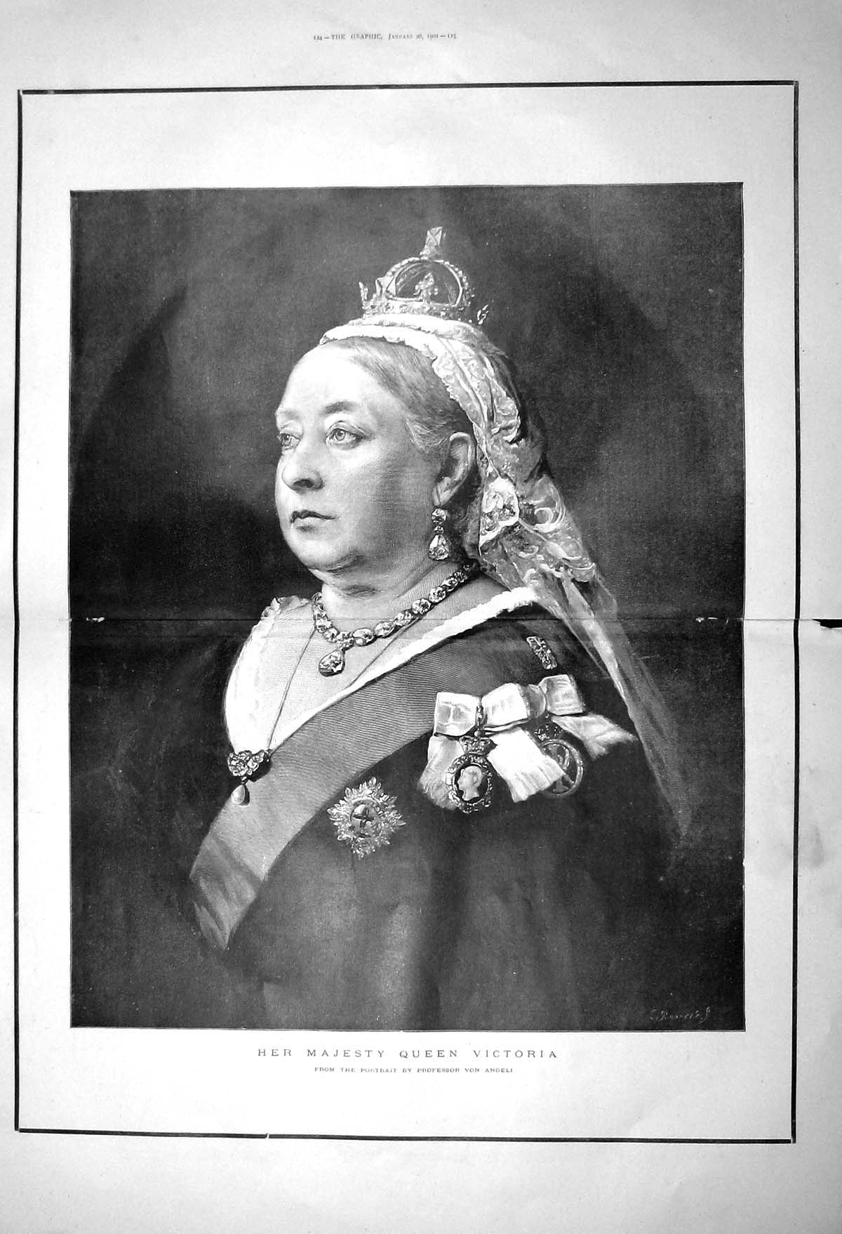 Original Old Antique Print 1901 Portrait Her Majesty Queen V 20th