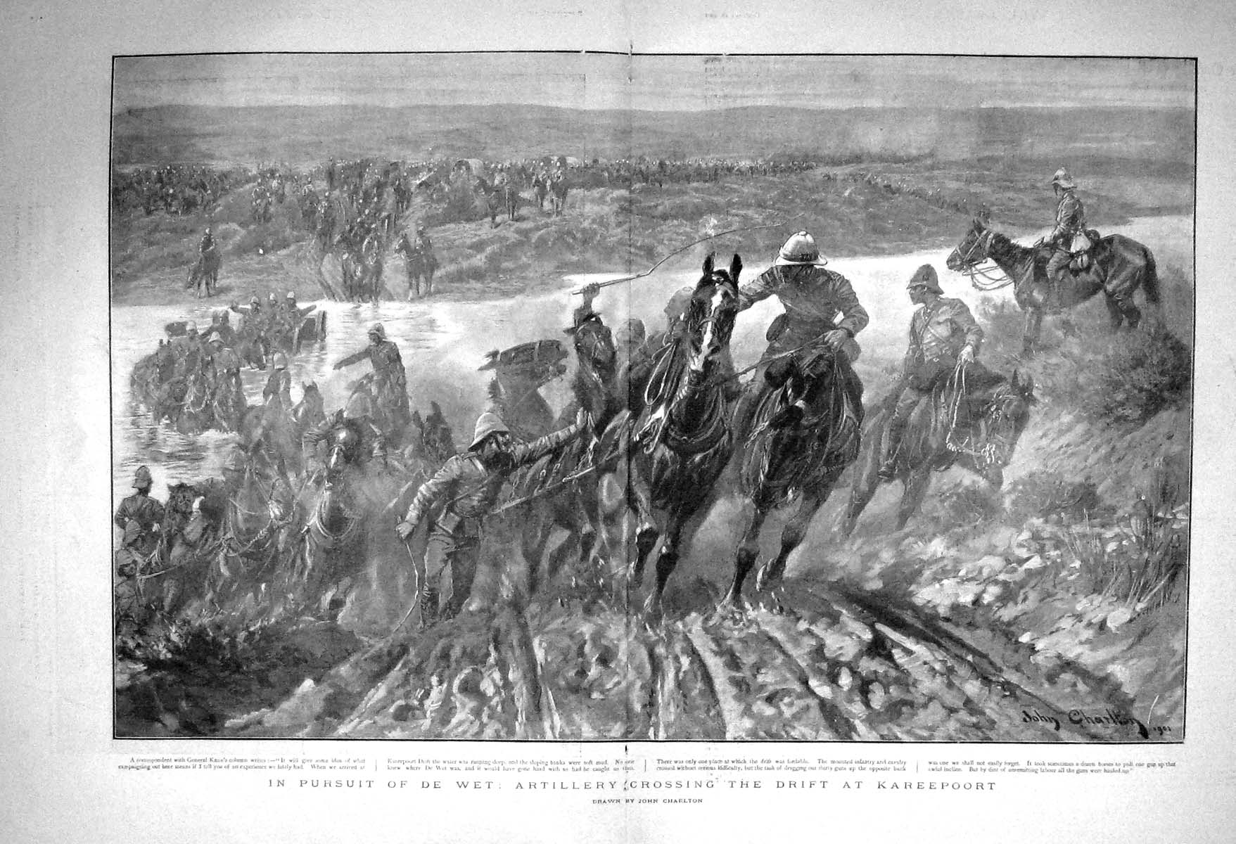 Original Old Antique Print 1901 Artillery Horses Crossing Drift Kareepoort War