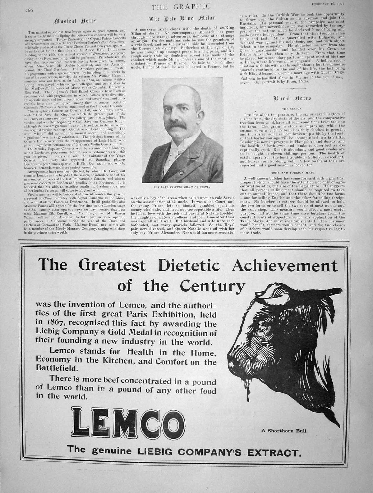 Original Old Antique Print 1901 Ex-King Milan Servia Portrait Lemco Liebig 20th