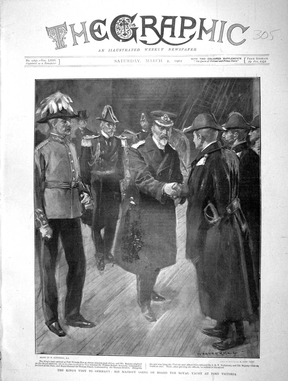 Original Old Antique Print 1901 King England Germany Royal Yacht Ship Victoria