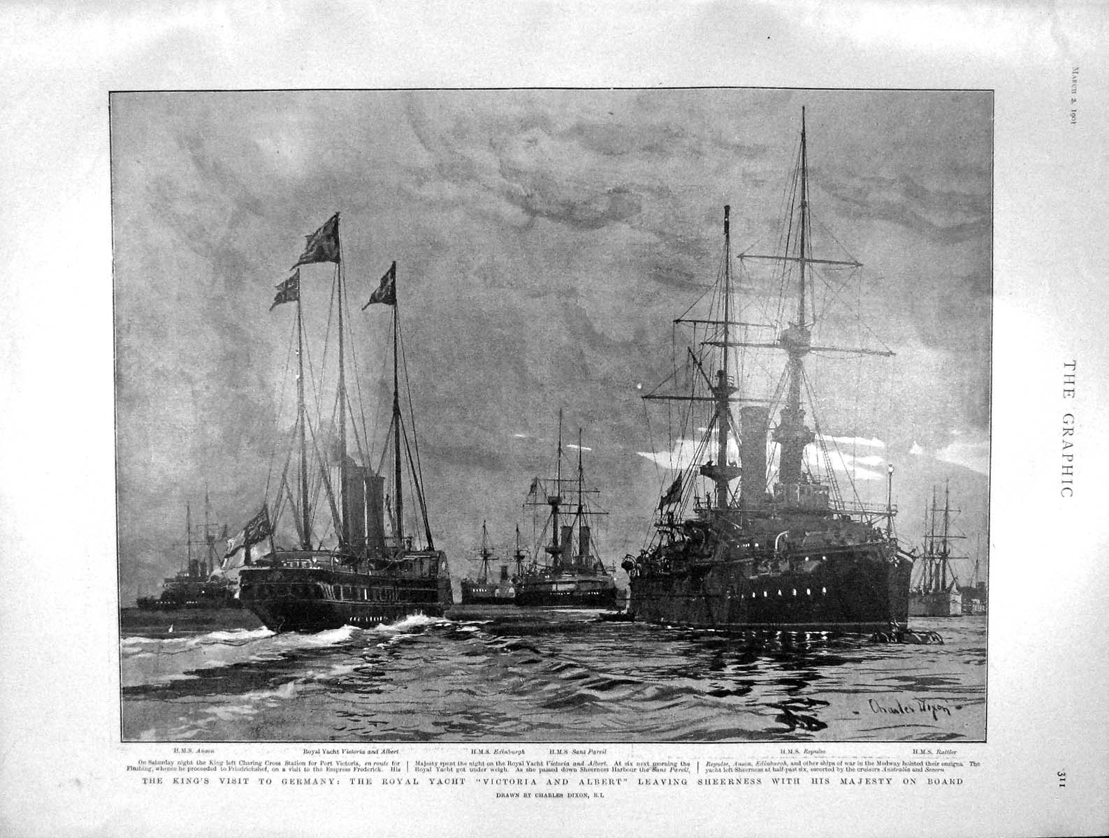 Old Antique Print 1901 Ships Anson Victoria Albert Repulse Rattler Queen 20th