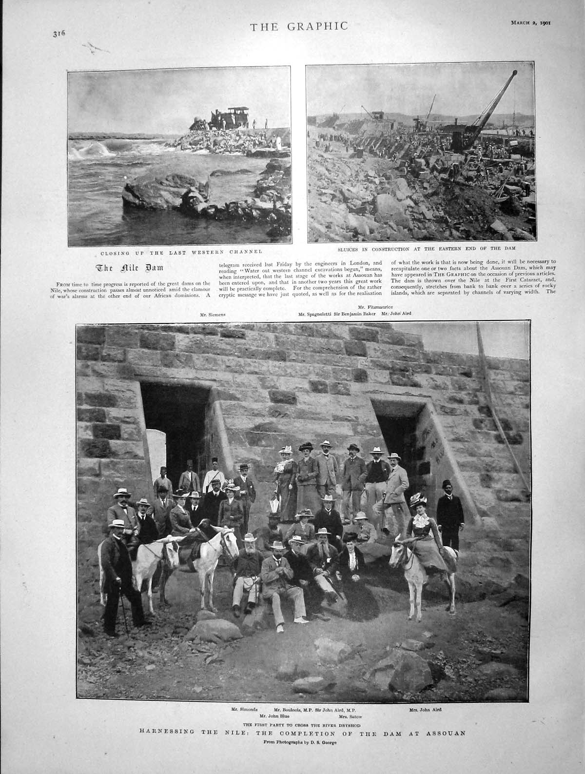 Original Old Antique Print 1901 River Nile Dam Assouan Aird Satow Blue Simonds