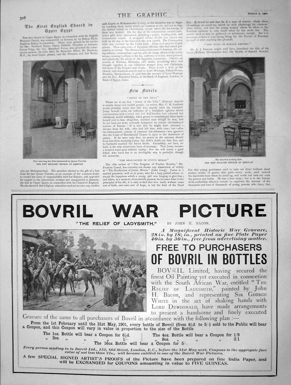 Original Old Antique Print 1901 Interior English Church Assouan Bovril Limited