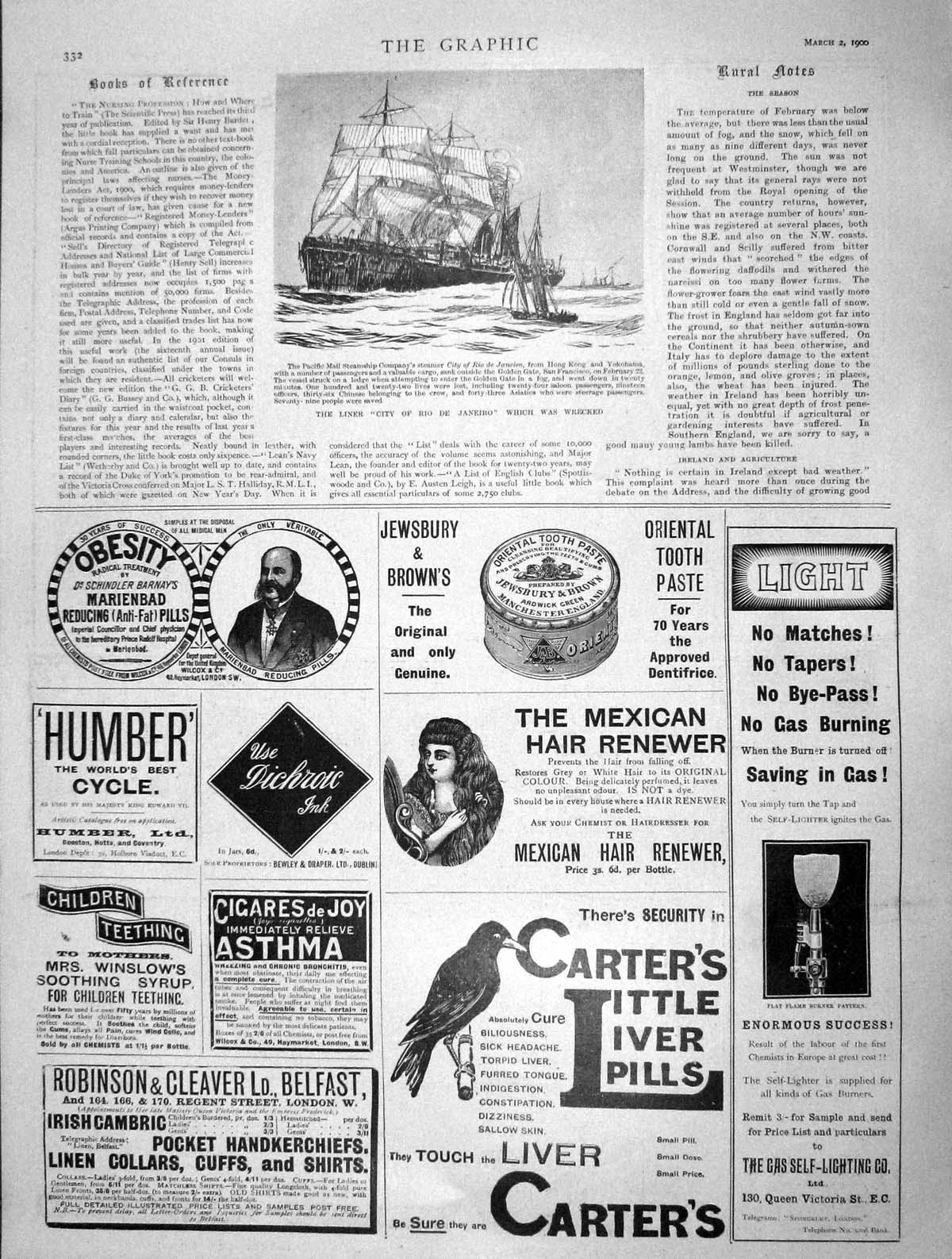 Old Antique Print 1901 Liner Mail Ship City Rio De Janeiro Carters Liver 20th