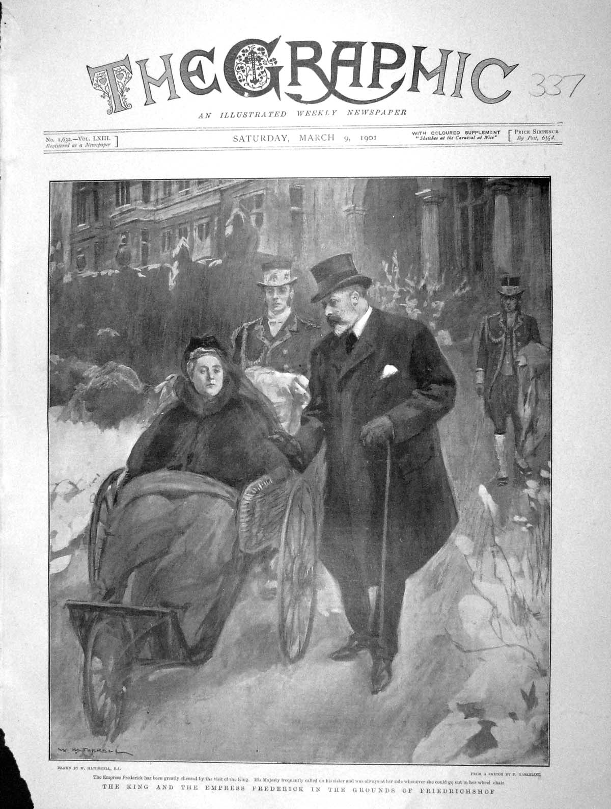 Original Old Antique Print 1901 King Empress Frederick Friedrichshwheel-Chair