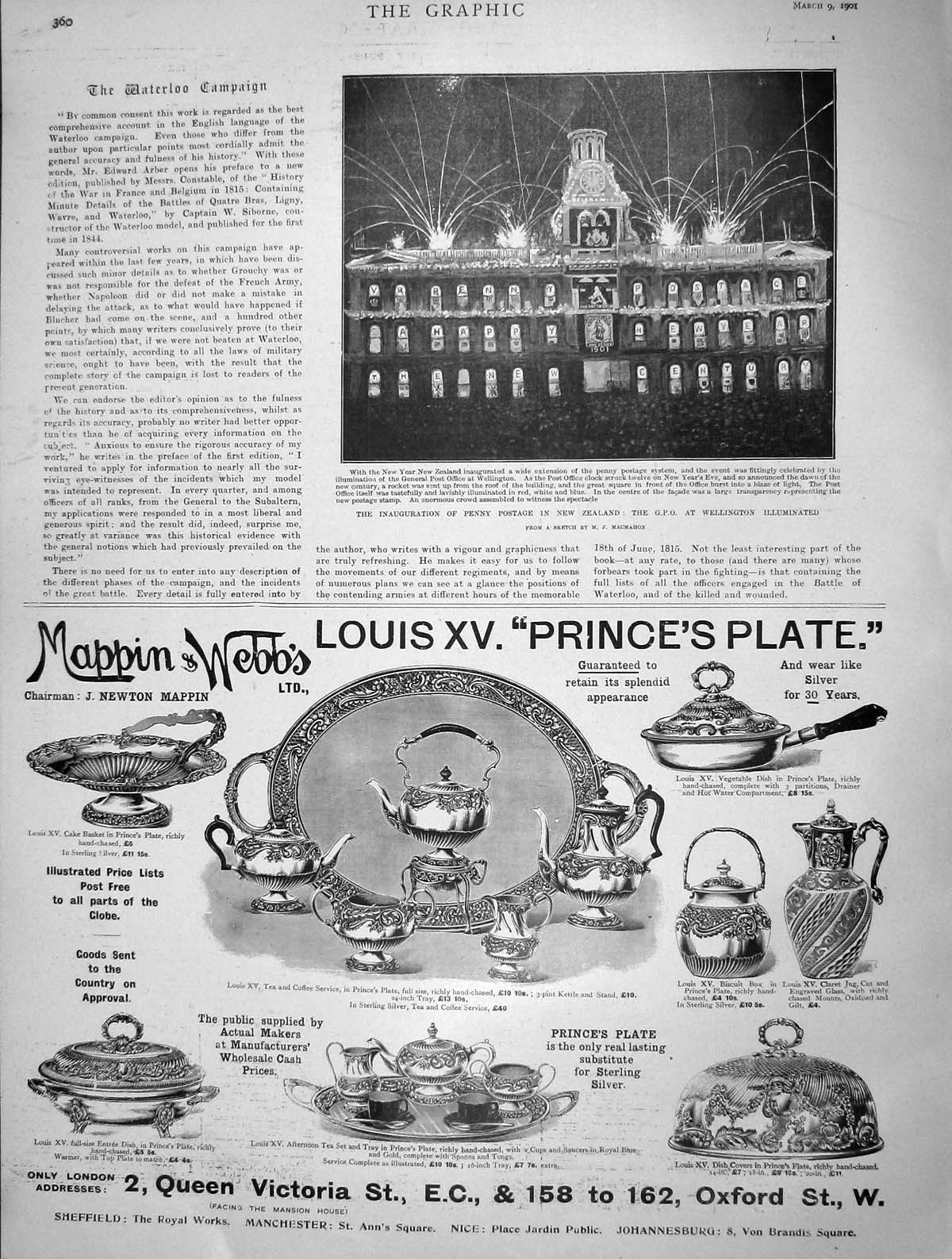 Old Antique Print 1901 Penny Postage New Zealand G.P.O. Wellington Mappin 20th
