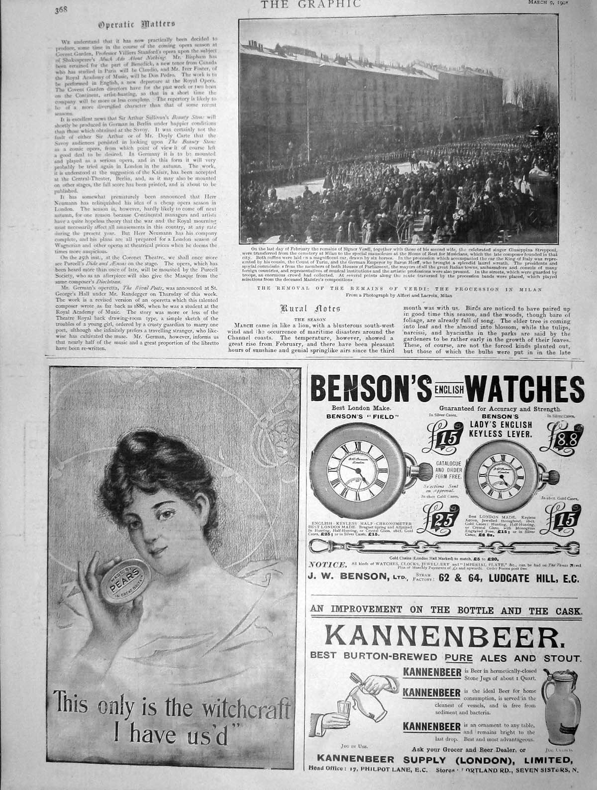 Old Antique Print 1901 Procession Milan Verdi Pears Soap Bensons Watches 20th