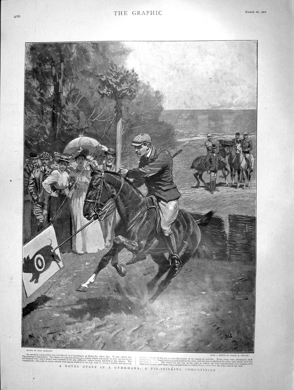 Old Antique Print 1901 Gymkhana Pig-Sticking Horse Sport Queen Amsterdam 20th
