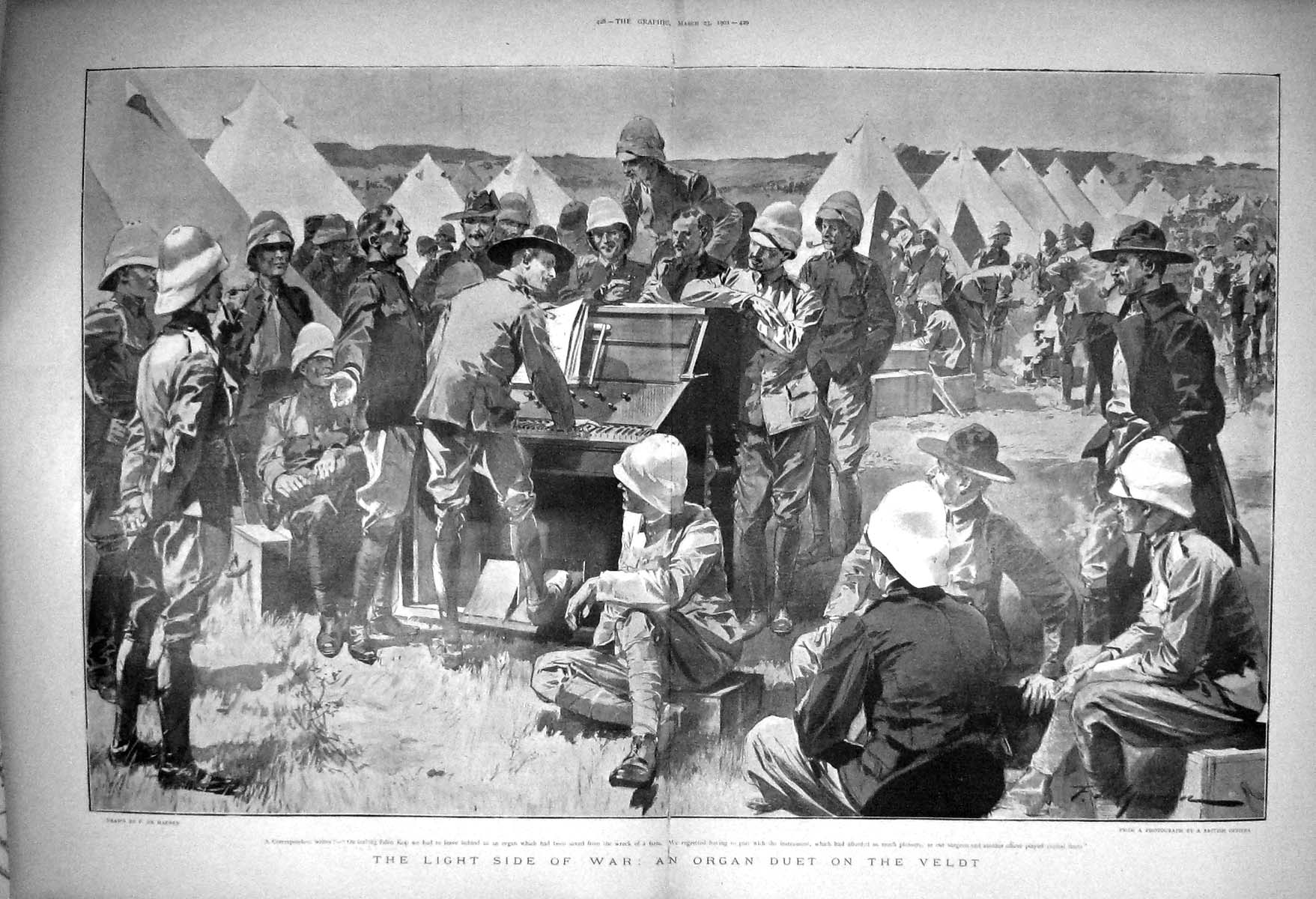 Original Old Antique Print 1901 War Organ Music Instrument Duet Veldt Siers