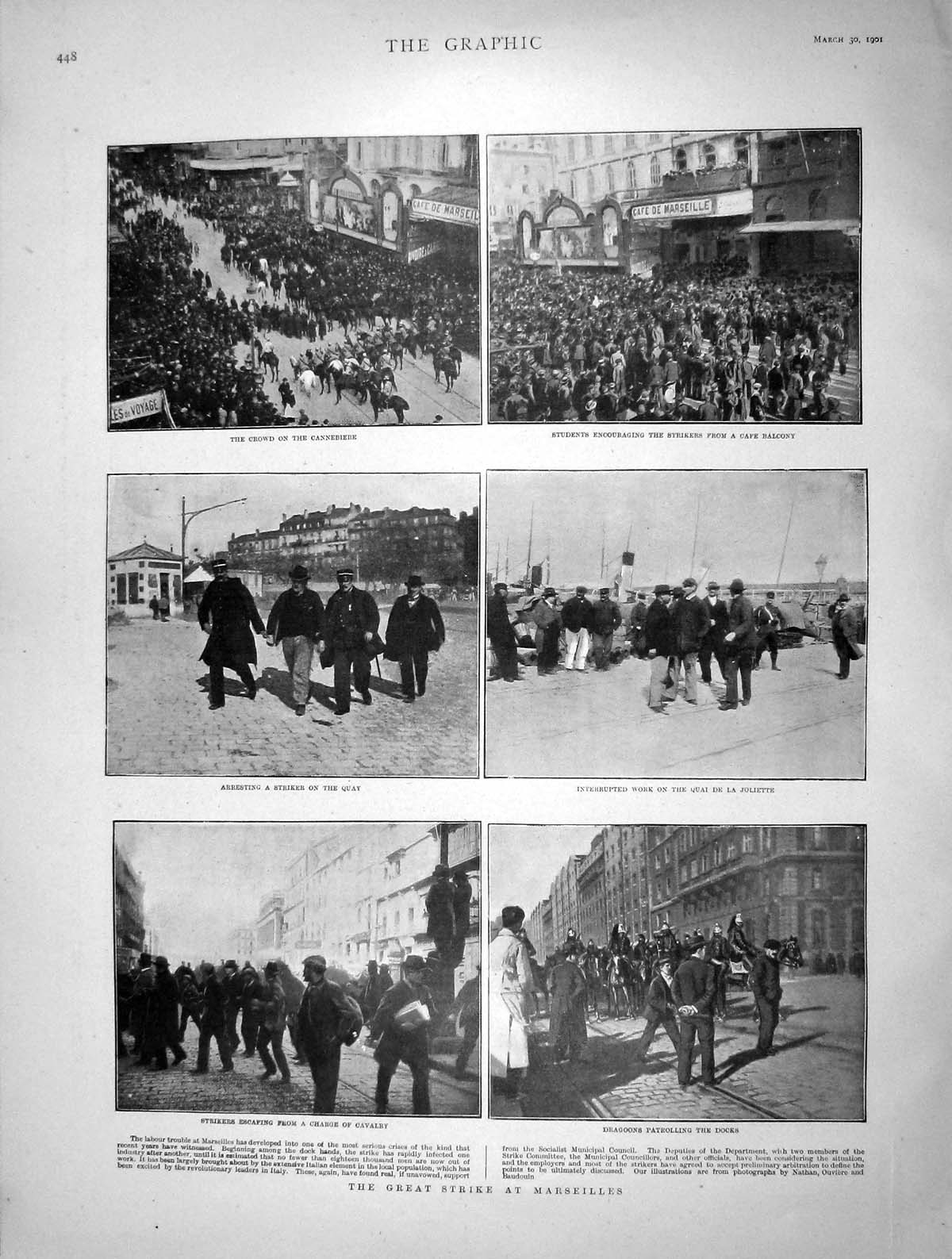 Original Old Antique Print 1901 Strike Marseilles Dragoons France Police Arrest