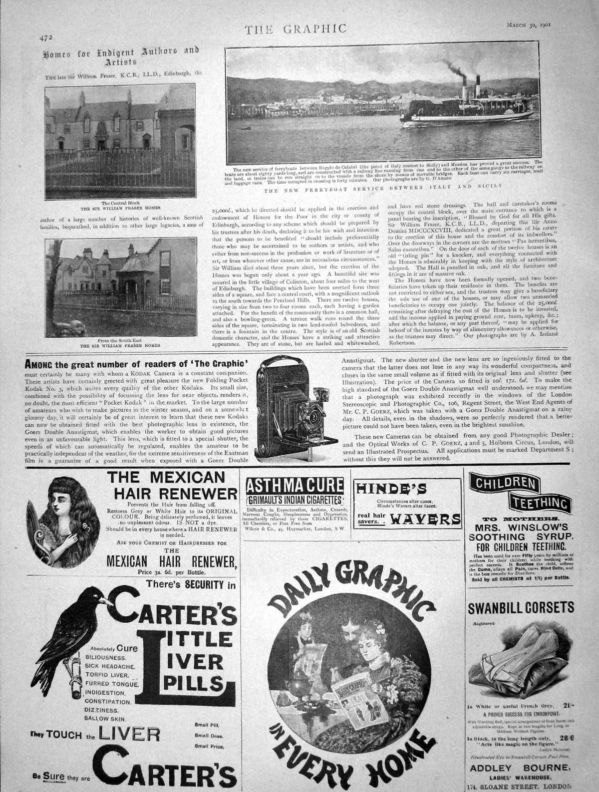 Old Antique Print 1901 William Fraser Homes Ferryboat Italy Sicily Carter 20th