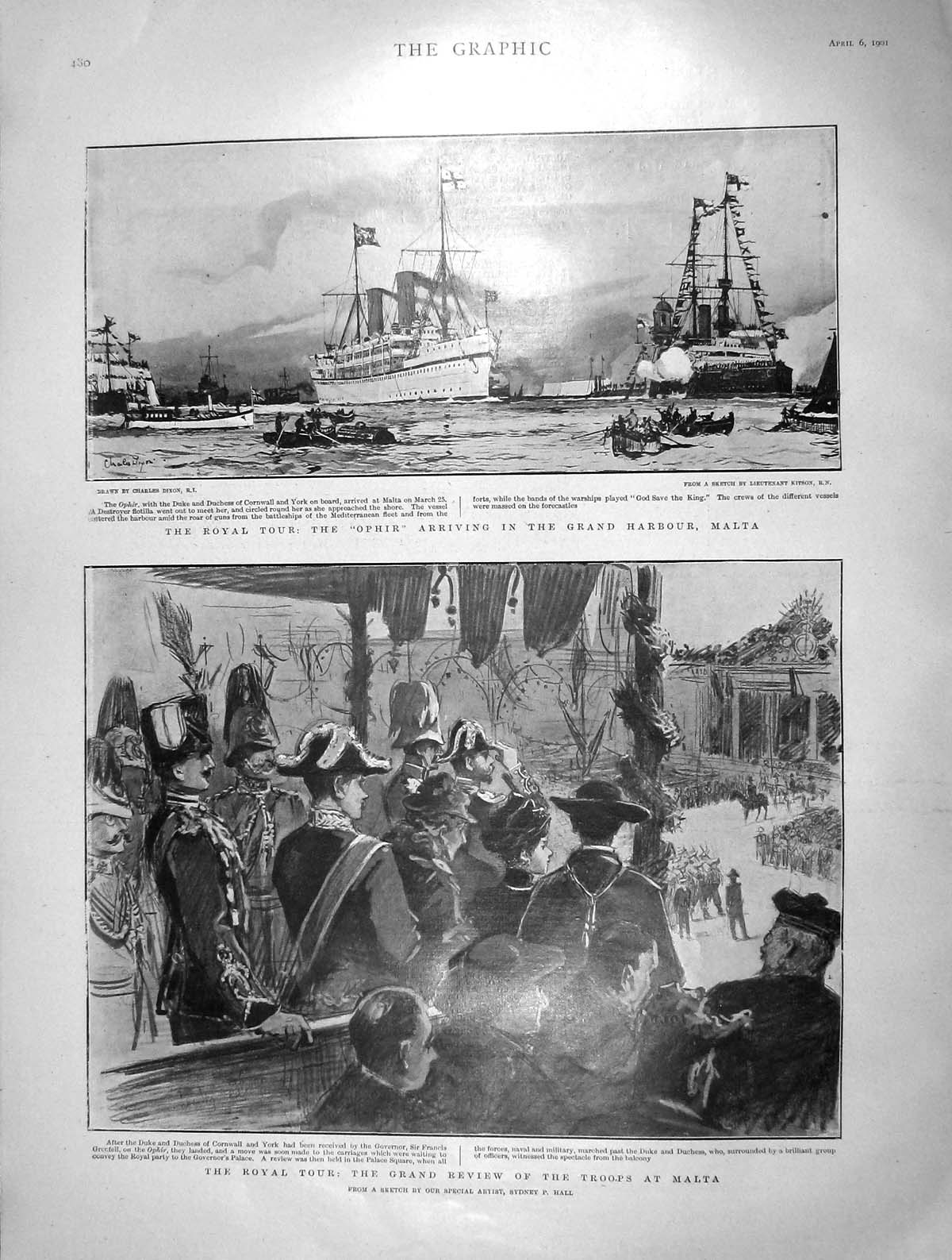 Original Old Antique Print 1901 Duke Cornwall Ophir Ship Malta Francis Grenfell