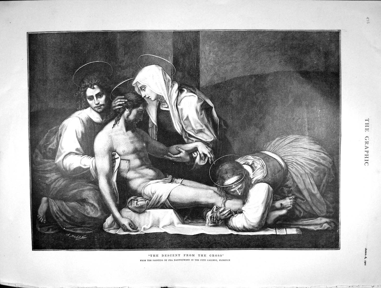 Original Old Antique Print 1901 Jesus Descent Cross May Stephens Stainer Fraser