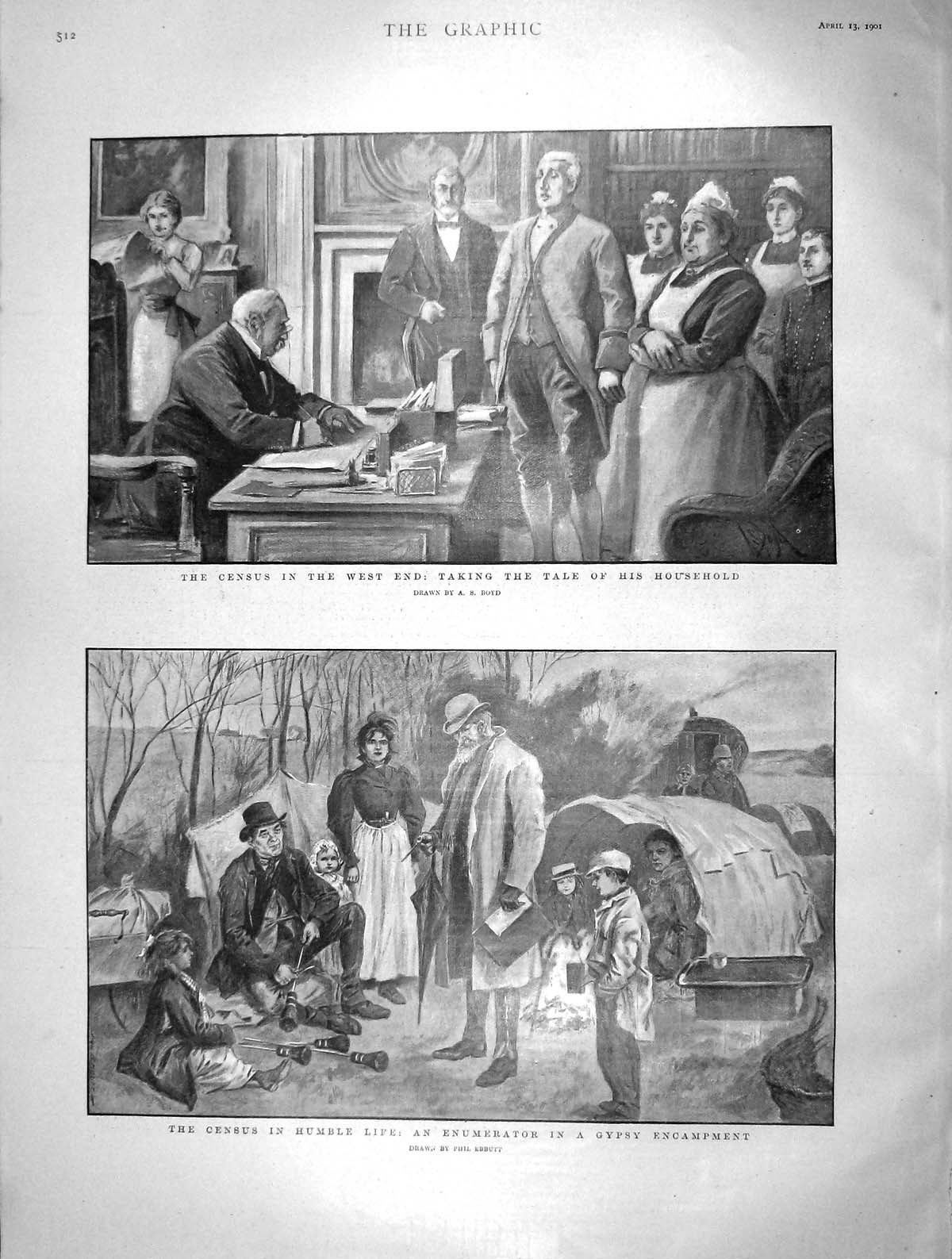 Original Old Antique Print 1901 Census London Enumerator Gypsy Encampment 20th