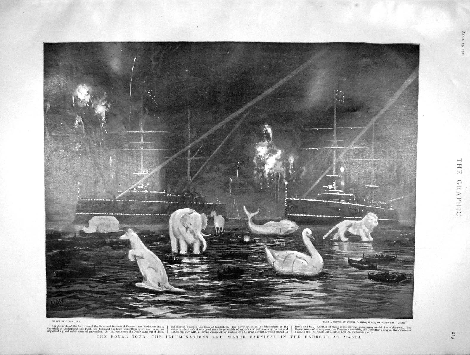 Original Old Antique Print 1901 Carnival Harbour Malta Ships Ophir Malta G 20th