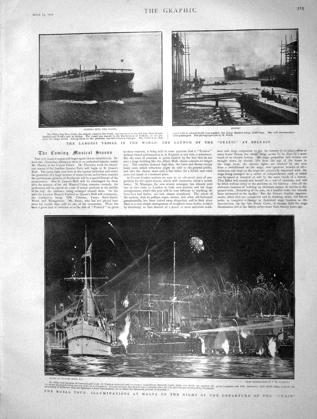 Old Antique Print 1901 Malta Ship Ophir Celtic Belfast Corradino Cornwall 20th