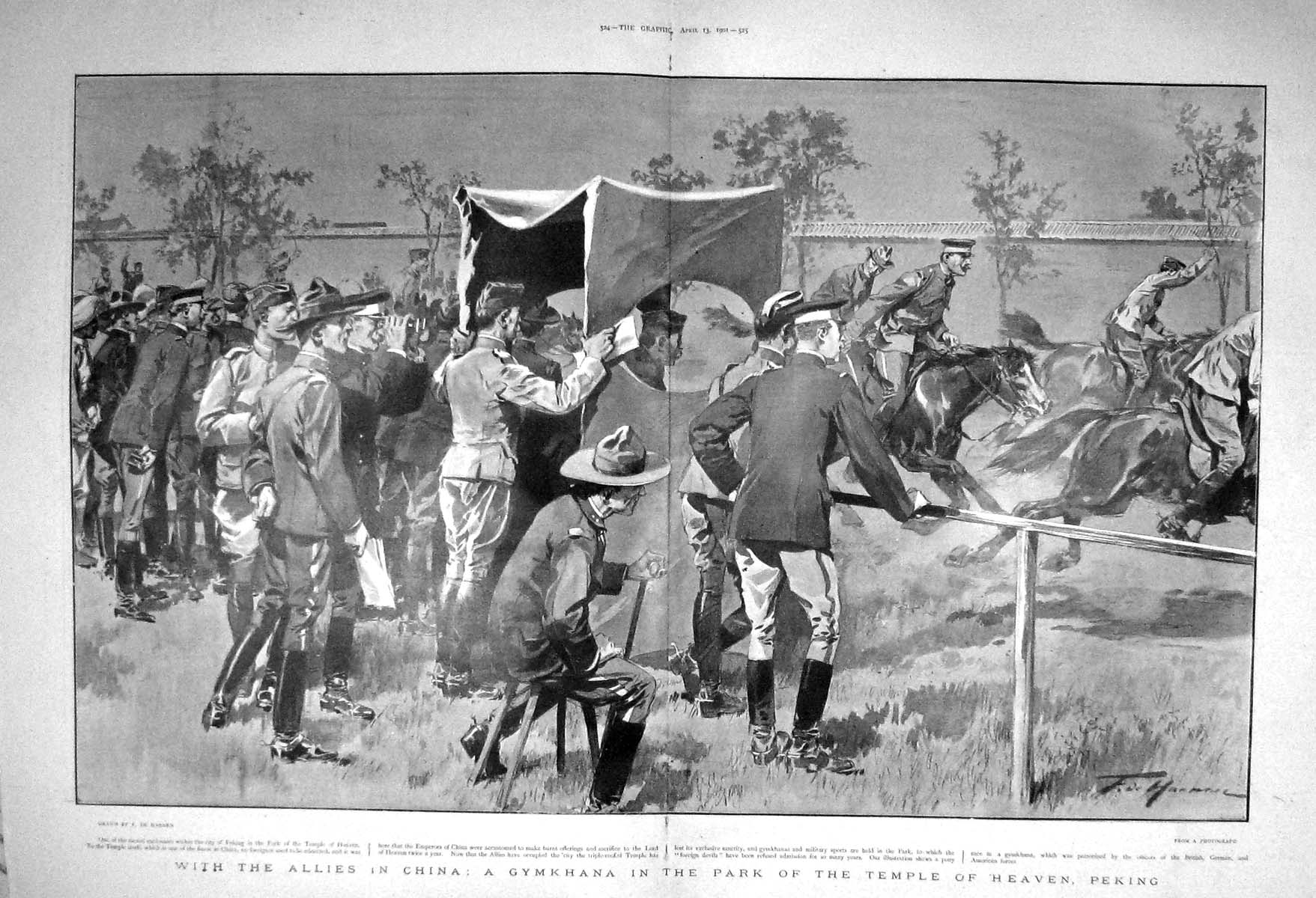 Original Old Antique Print 1901 Allies Siers Gymkhana Temple Heaven Peking War