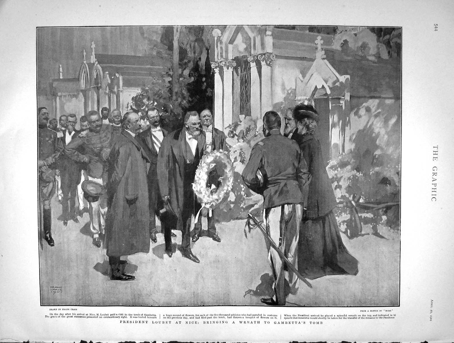 Original Old Antique Print 1901 President Loubet Nice Wreath Gambetta Tomb 20th