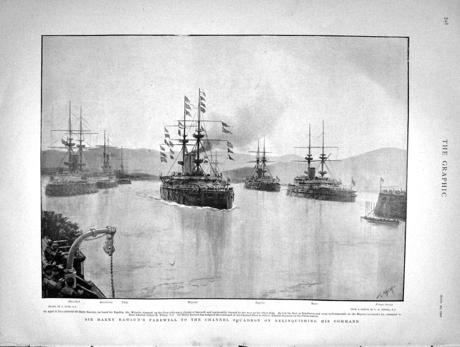 Old Antique Print 1901 Rawson Ships Majestic Mars Hannibal Loubet Toulon 20th