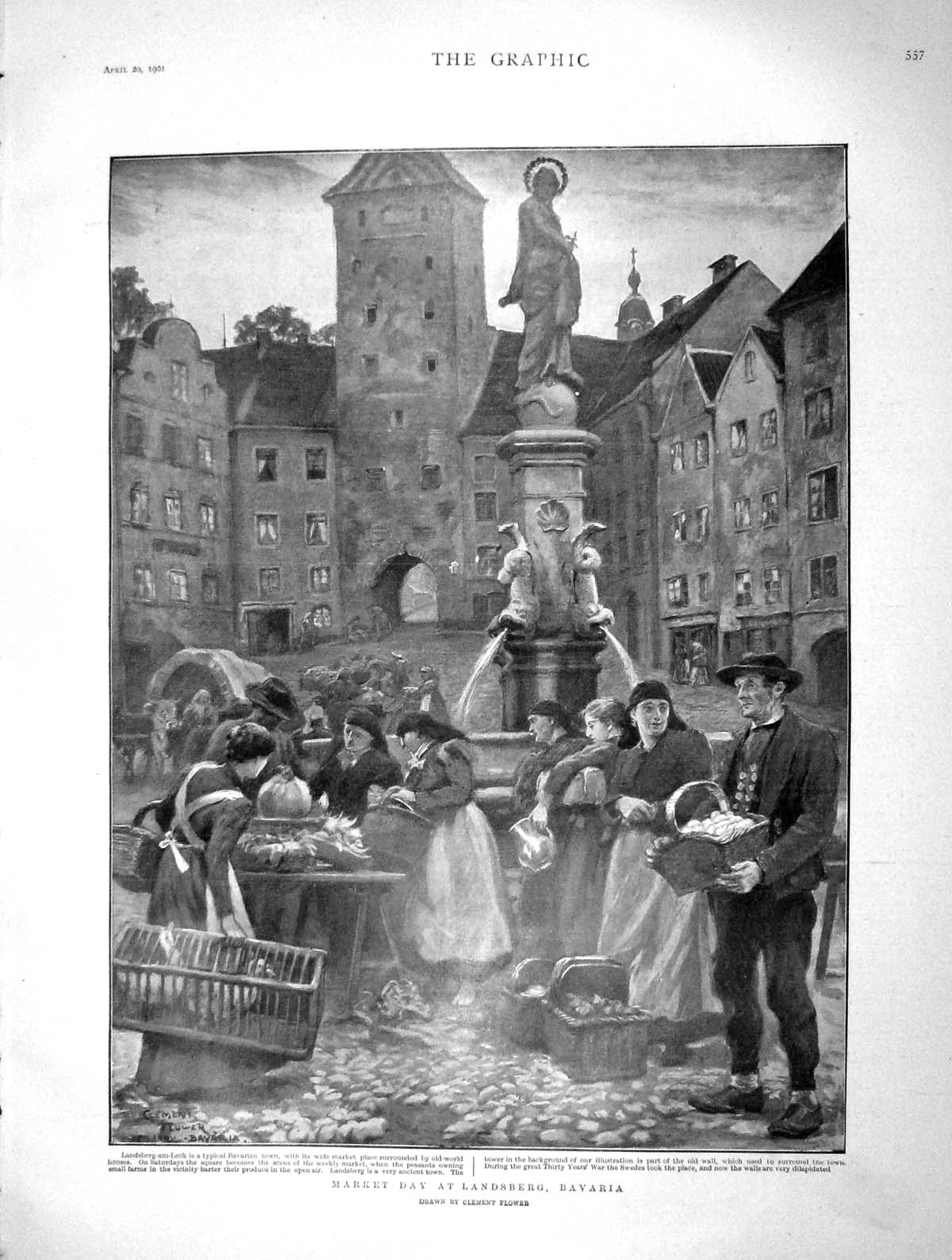 Old Antique Print 1901 Scene Market Day Landsberg Bavaria Street Sellers 20th