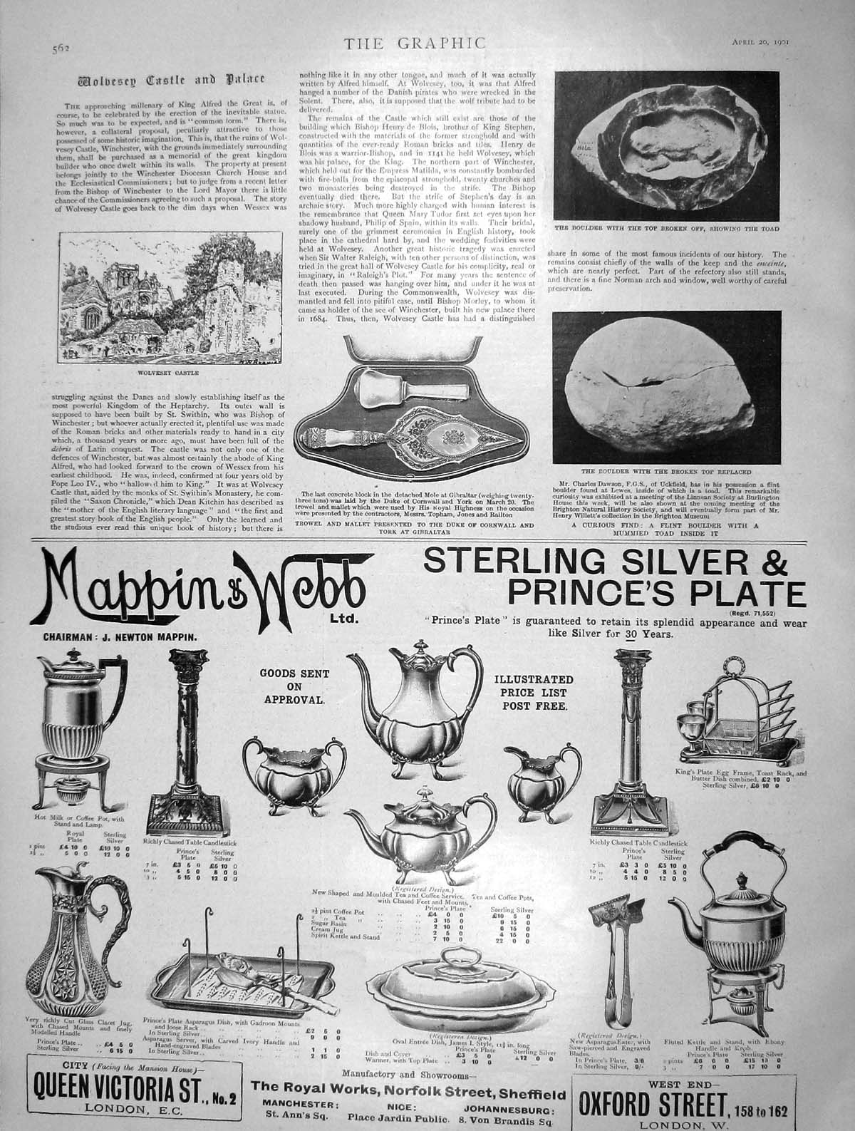 Old Antique Print 1901 Mappin Webb Wolvesey Castle Boulder Mummied Toad 20th