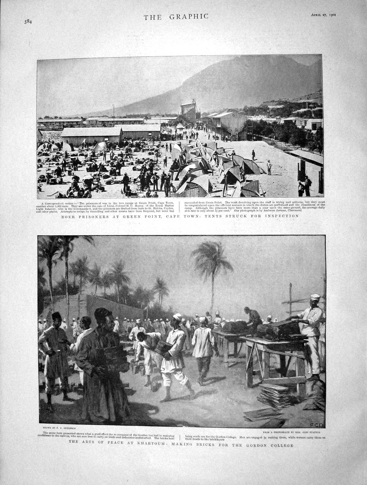 Original Old Antique Print 1901 Boer Prisoners Green Point Cape Africa Khartoum