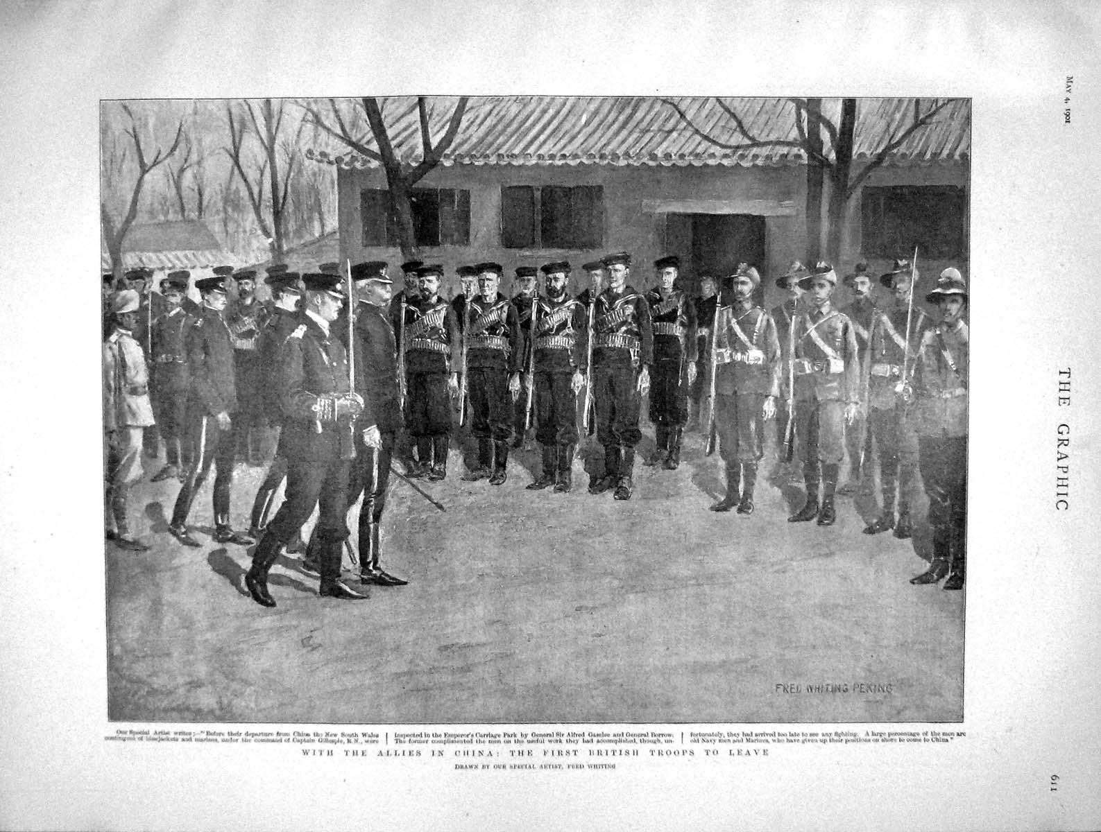 Old Antique Print 1901 China British Troops War Tientsin Russian Sentries 20th