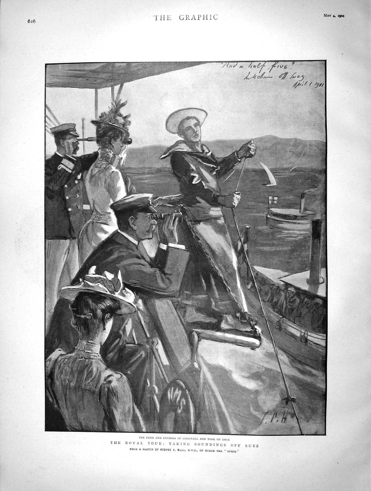 Original Old Antique Print 1901 Duke Cornwall York Ship Deck Ophir Bond Norman