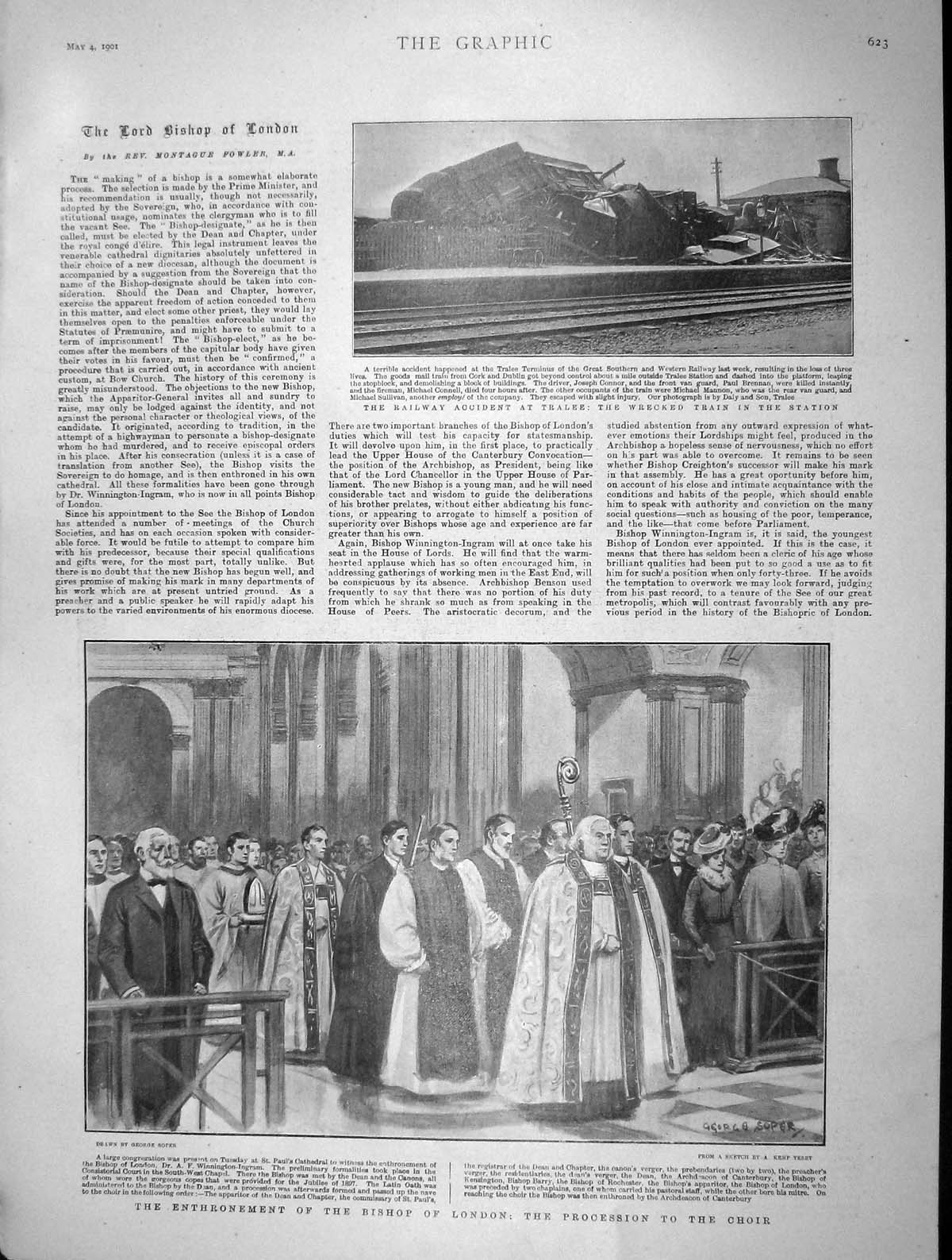 Original Old Antique Print 1901 Railway Train Crash Tralee Bishop London Choir