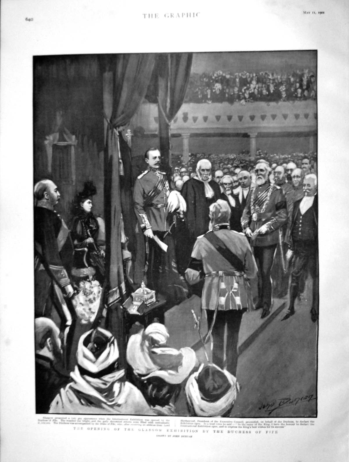 Original Old Antique Print 1901 Opening Scene Glasgow Exhibition Duchess Fife