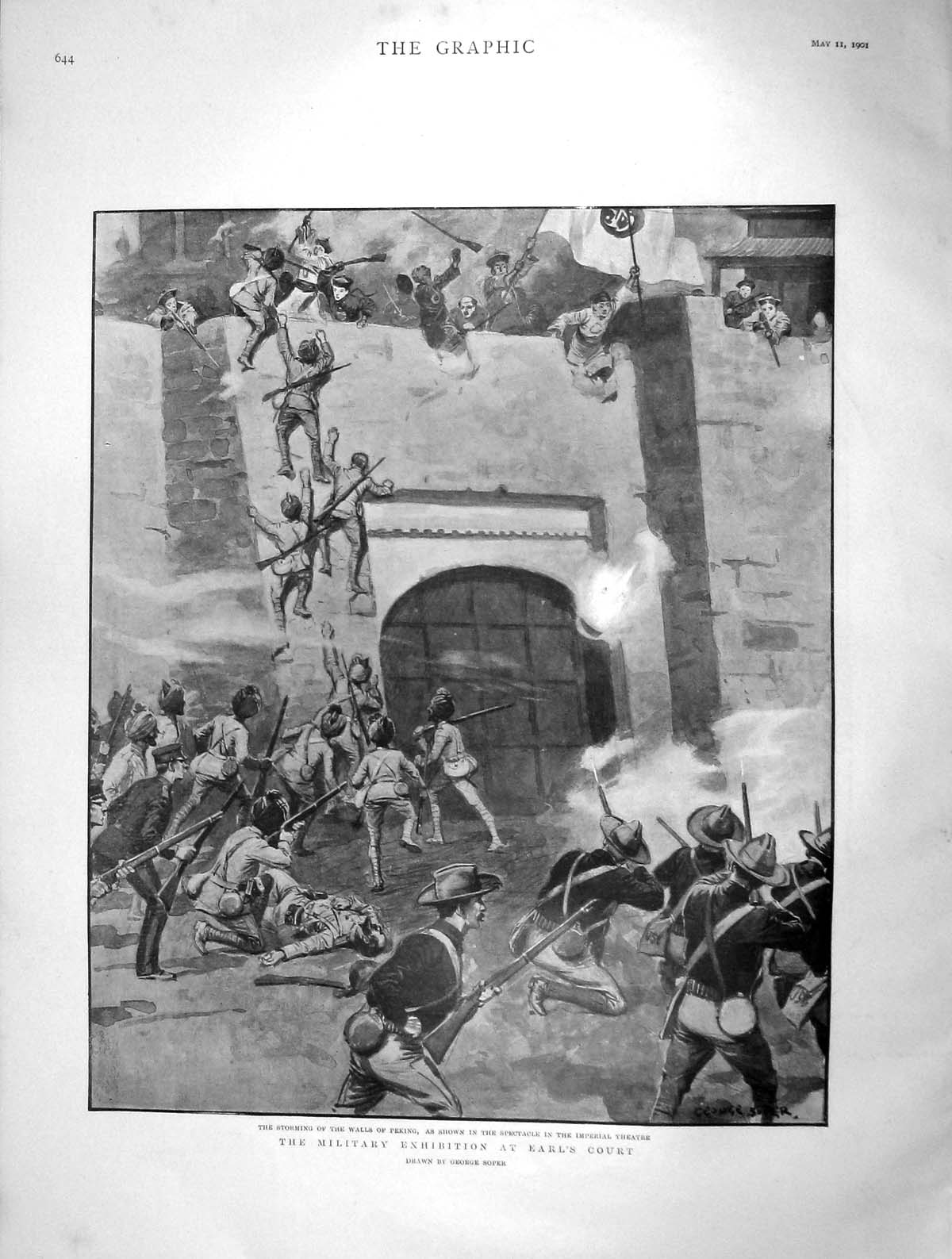 Original Old Antique Print 1901 Military Exhibition Earl'S Court Walls Victorian